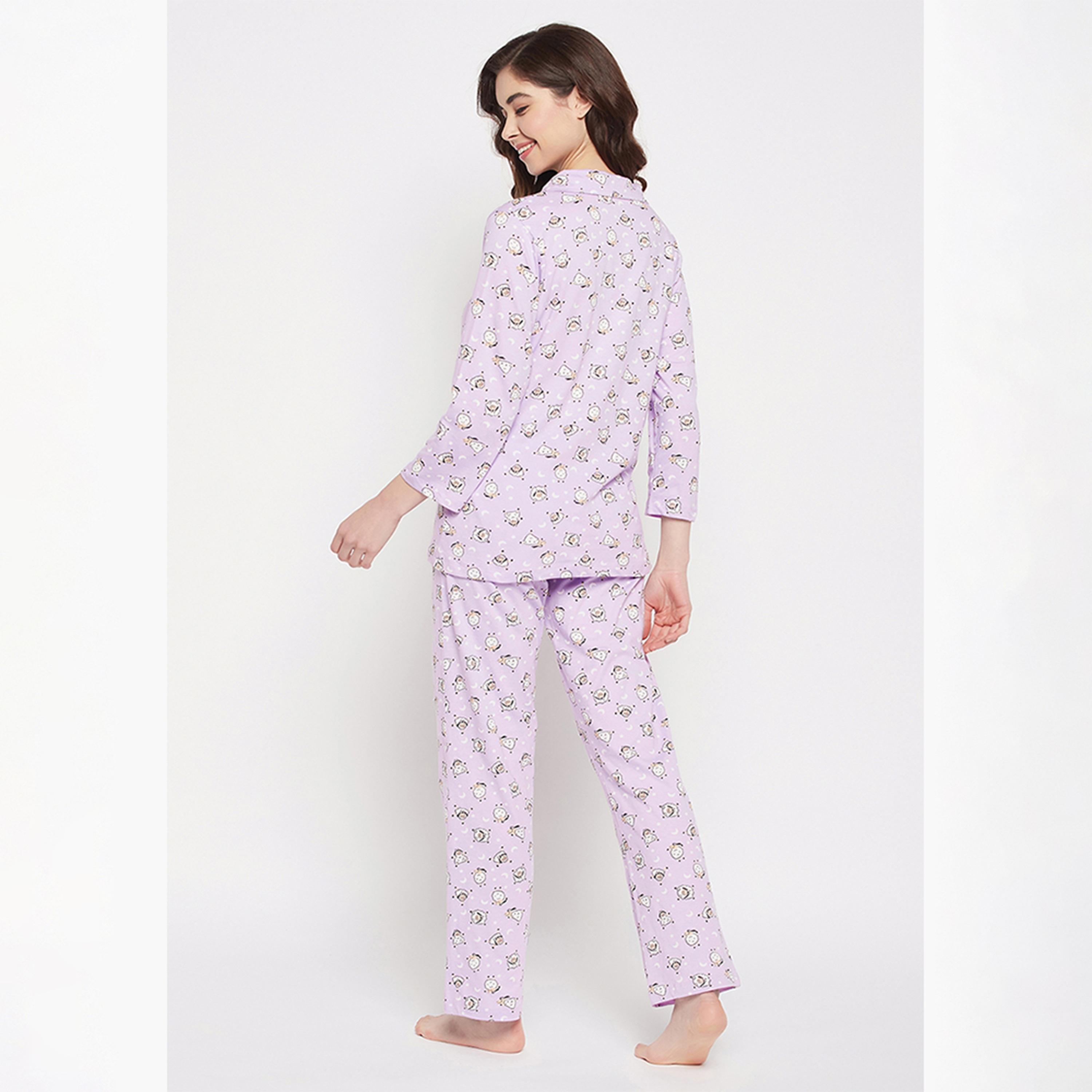 طقم قميص وبيجامة بأزرار بطبعة خروف - 100% قطن ليلاك من كلوفيا-women-clothing-nightwear-pyjamas-longsets-image-4