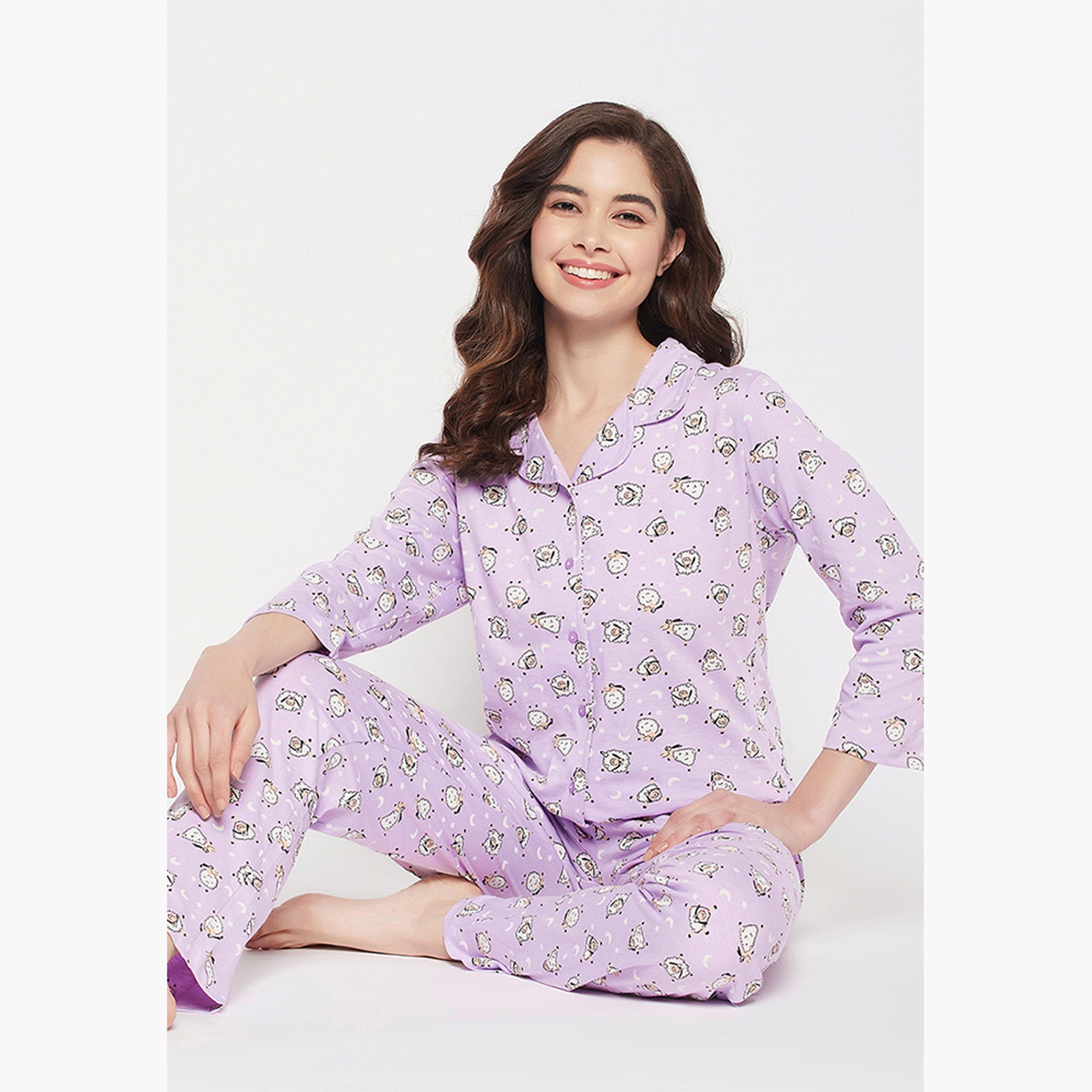 Clovia Sheep Print Button Down Women's Shirt & Pyjama Set in Lilac - 100% Cotton-women-clothing-nightwear-pyjamas-longsets-image-5