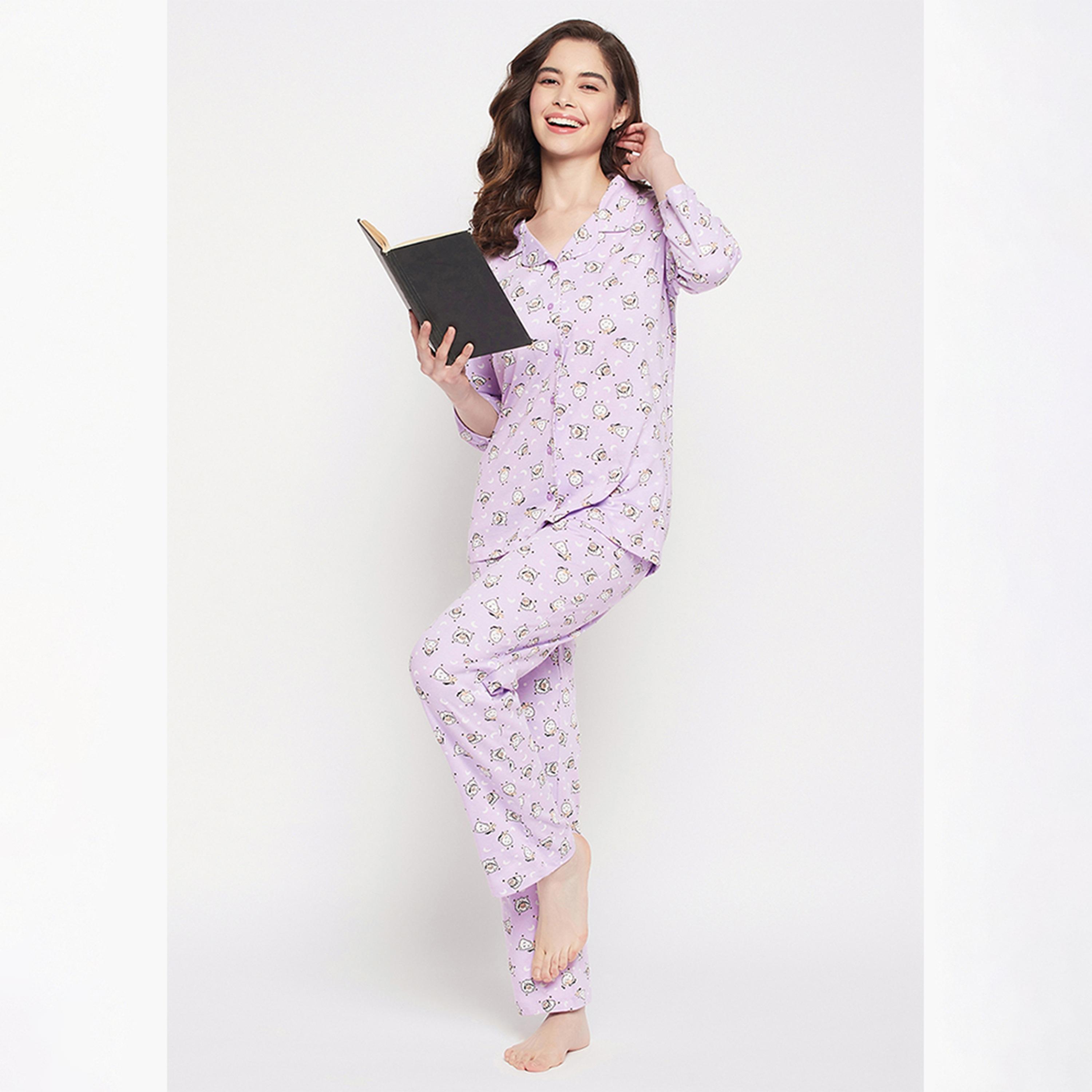 Clovia Sheep Print Button Down Women's Shirt & Pyjama Set in Lilac - 100% Cotton-women-clothing-nightwear-pyjamas-longsets-image-6