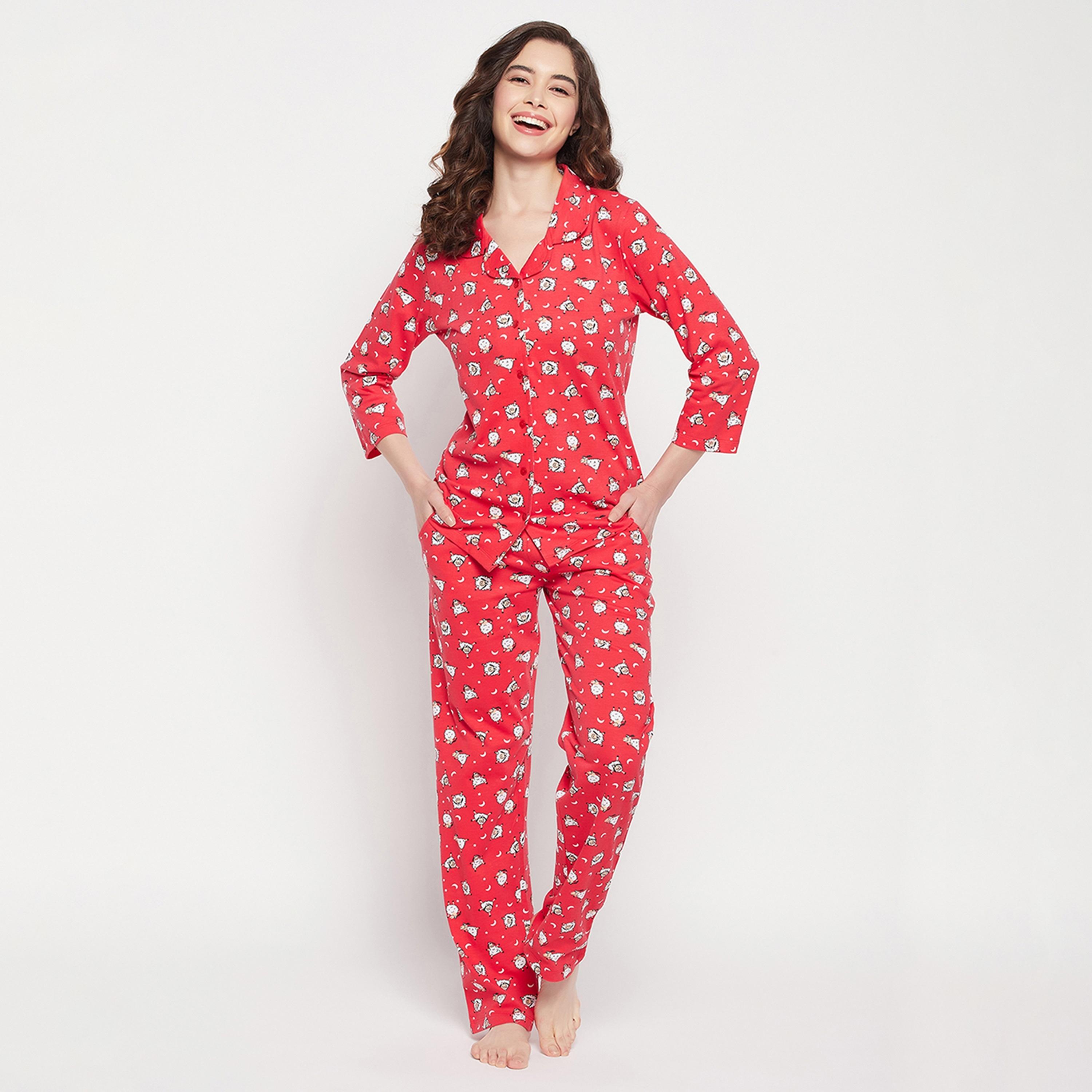 طقم قميص وبيجامة نسائي بأزرار بطبعة خراف باللون الأحمر من كلوفيا - قطن خالص-women-clothing-nightwear-pyjamas-longsets-image-1