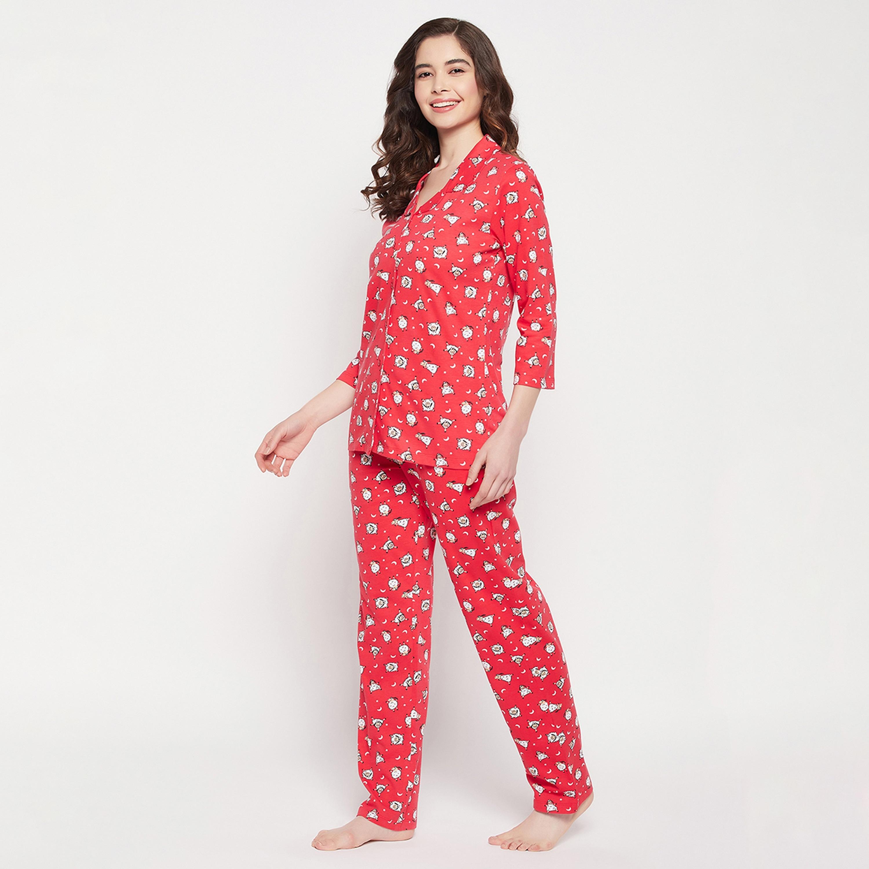 Clovia Sheep Print Button Down Women's Shirt & Pyjama Set in Red - Pure Cotton-women-clothing-nightwear-pyjamas-longsets-image-2