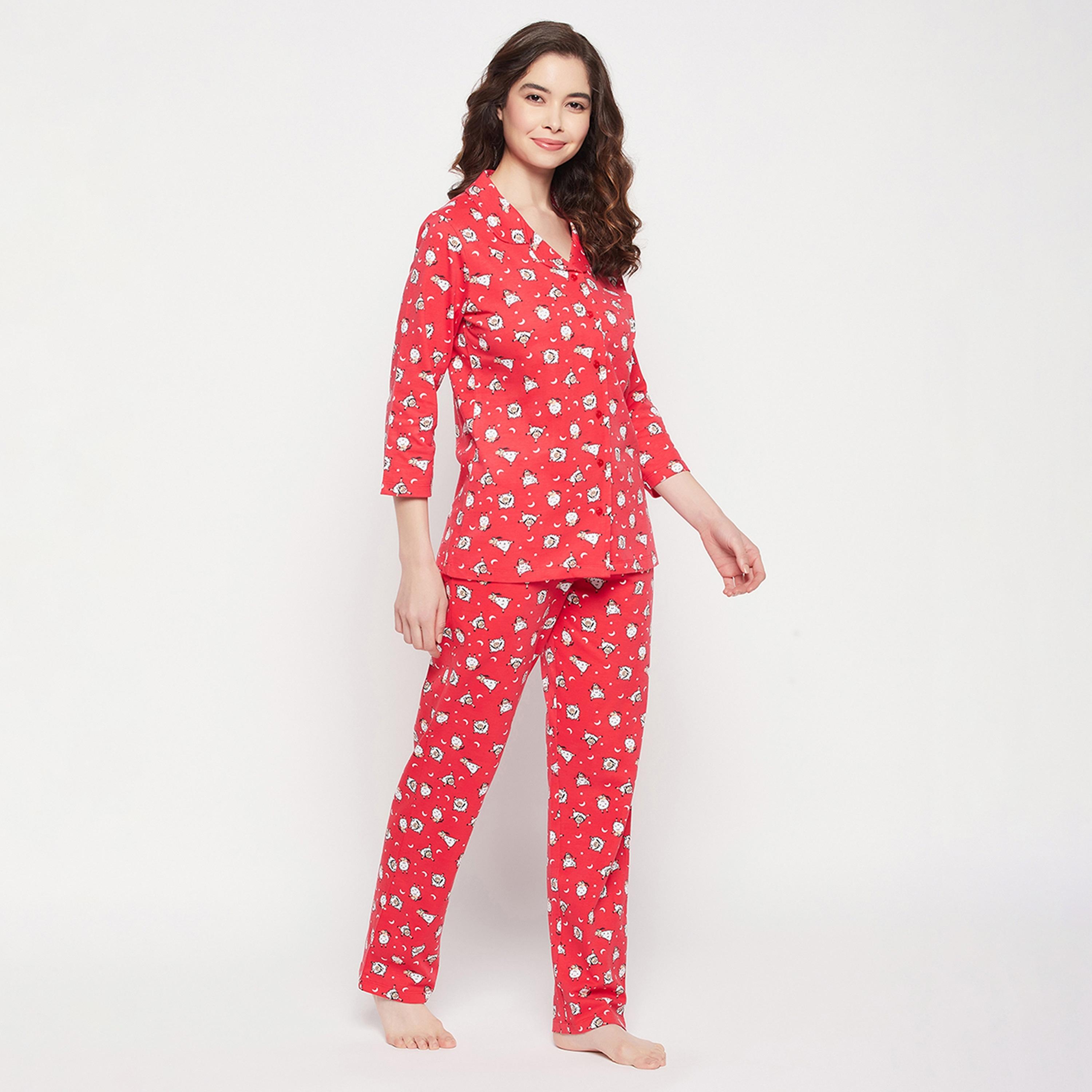 طقم قميص وبيجامة نسائي بأزرار بطبعة خراف باللون الأحمر من كلوفيا - قطن خالص-women-clothing-nightwear-pyjamas-longsets-image-3
