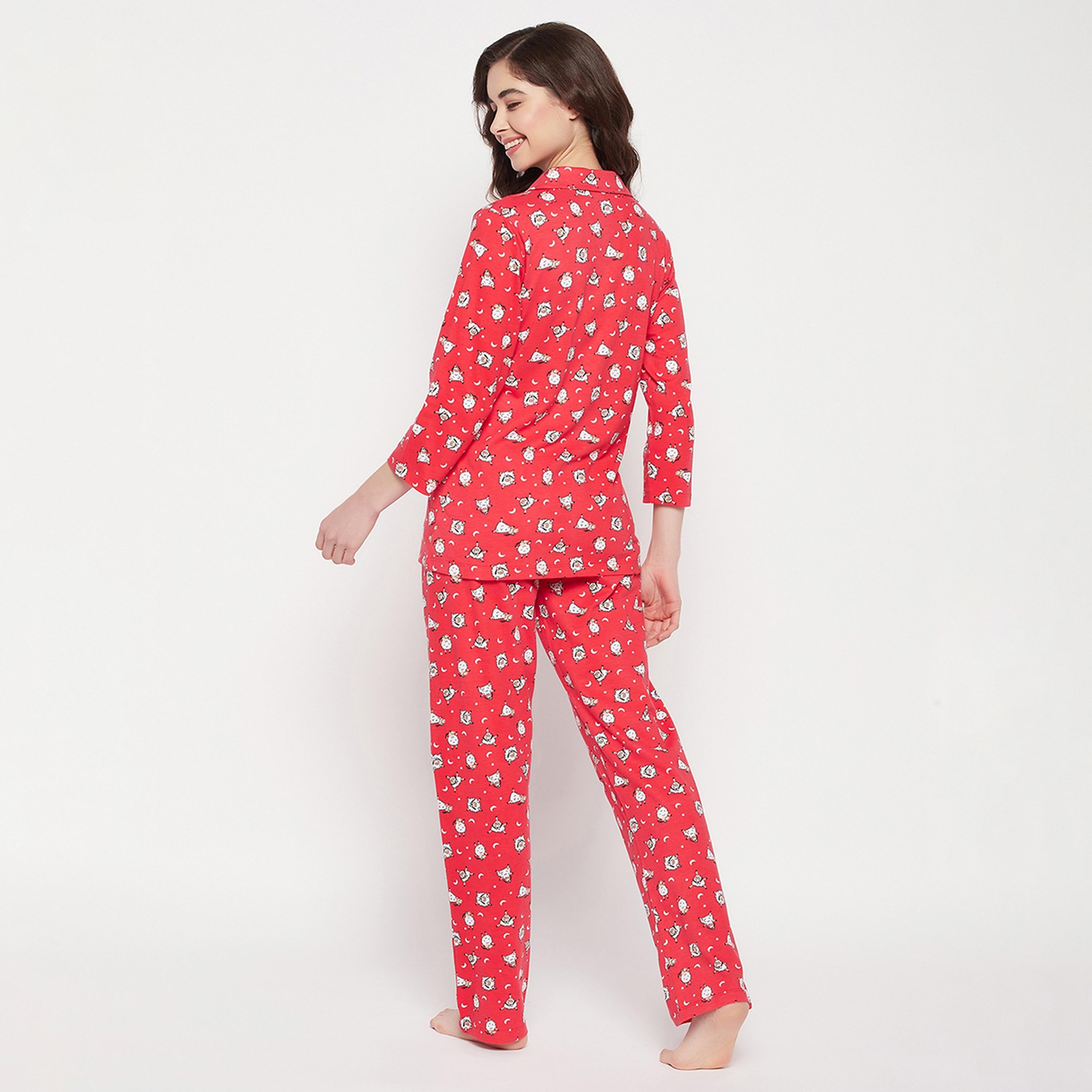 Clovia Sheep Print Button Down Women's Shirt & Pyjama Set in Red - Pure Cotton-women-clothing-nightwear-pyjamas-longsets-image-4