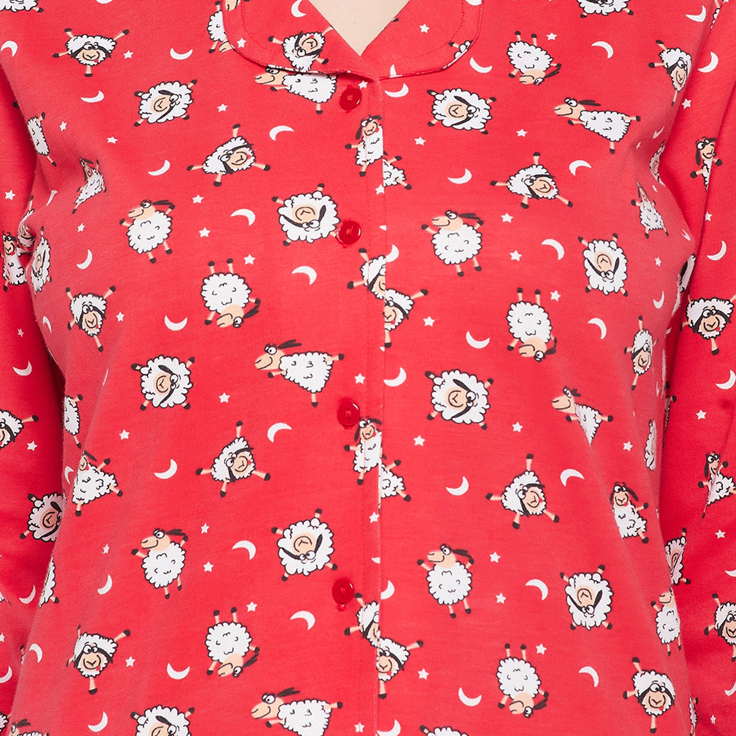 Clovia Sheep Print Button Down Women's Shirt & Pyjama Set in Red - Pure Cotton-women-clothing-nightwear-pyjamas-longsets-image-5