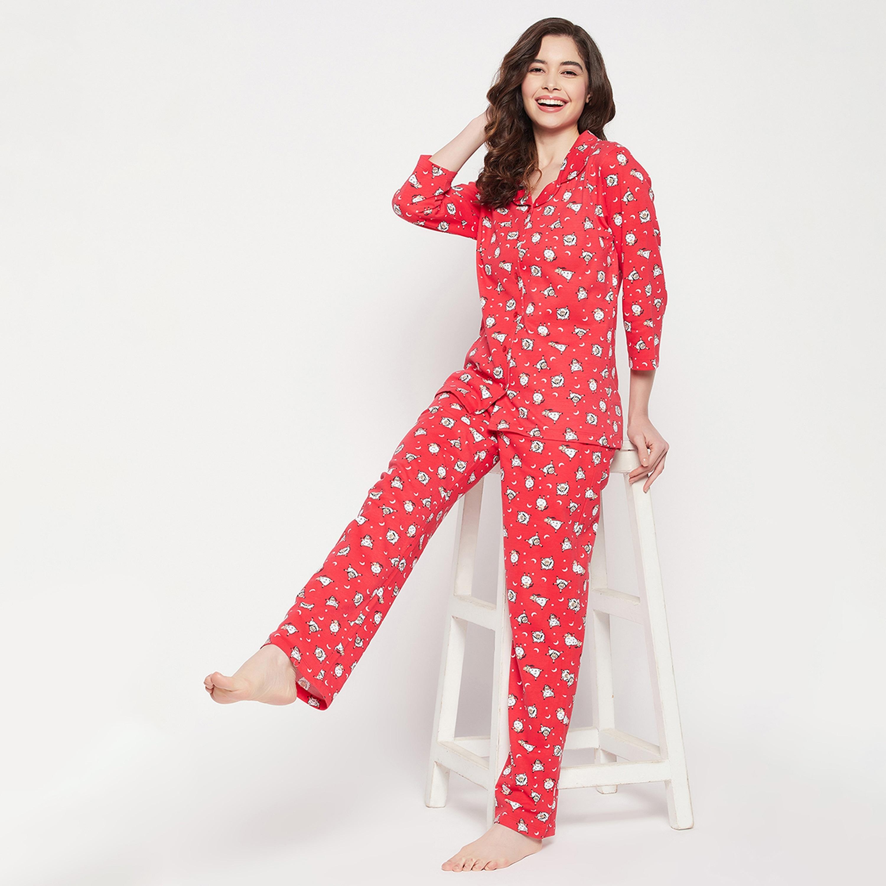 Clovia Sheep Print Button Down Women's Shirt & Pyjama Set in Red - Pure Cotton-women-clothing-nightwear-pyjamas-longsets-image-7