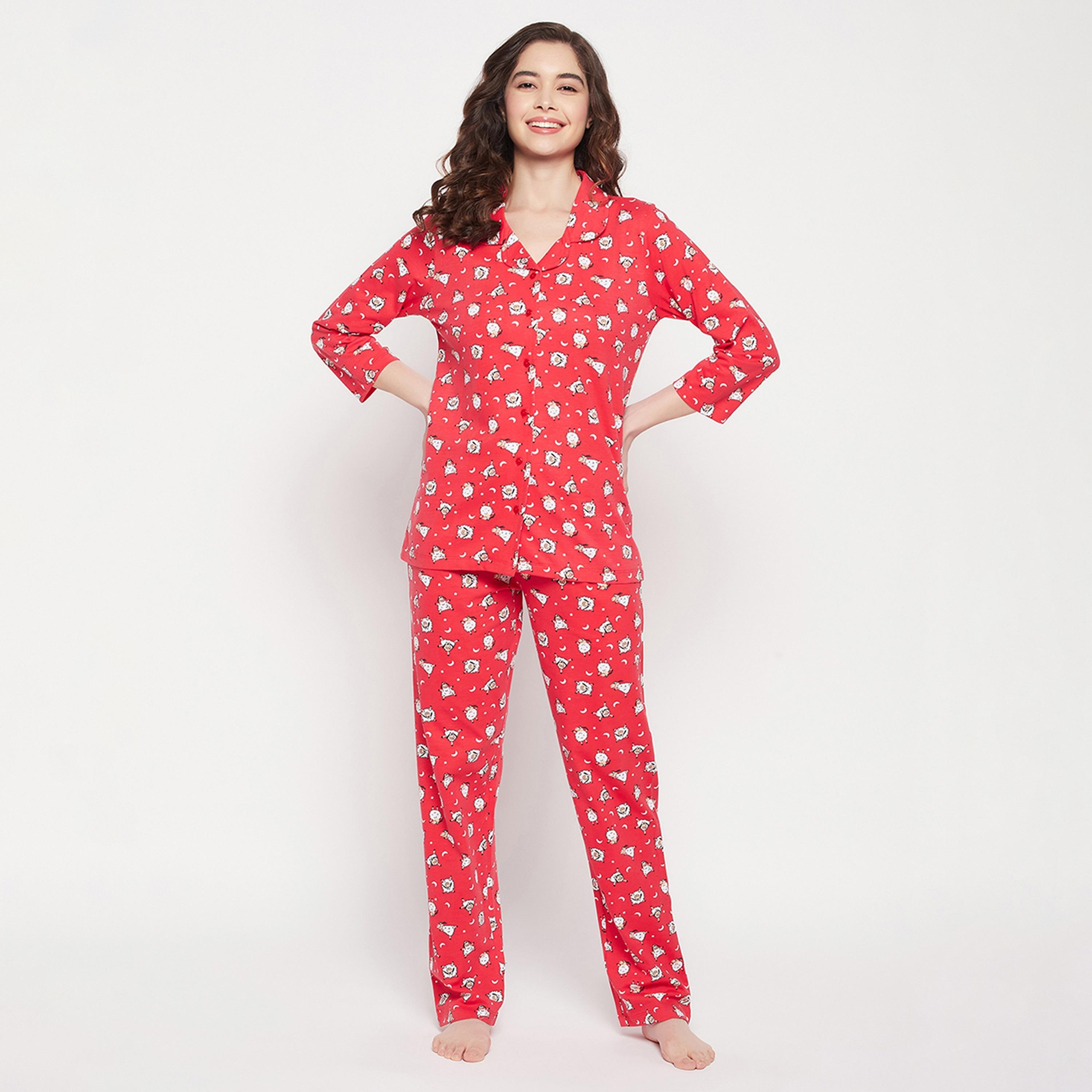 Clovia Sheep Print Button Down Women's Shirt & Pyjama Set in Red - Pure Cotton-women-clothing-nightwear-pyjamas-longsets-image-8