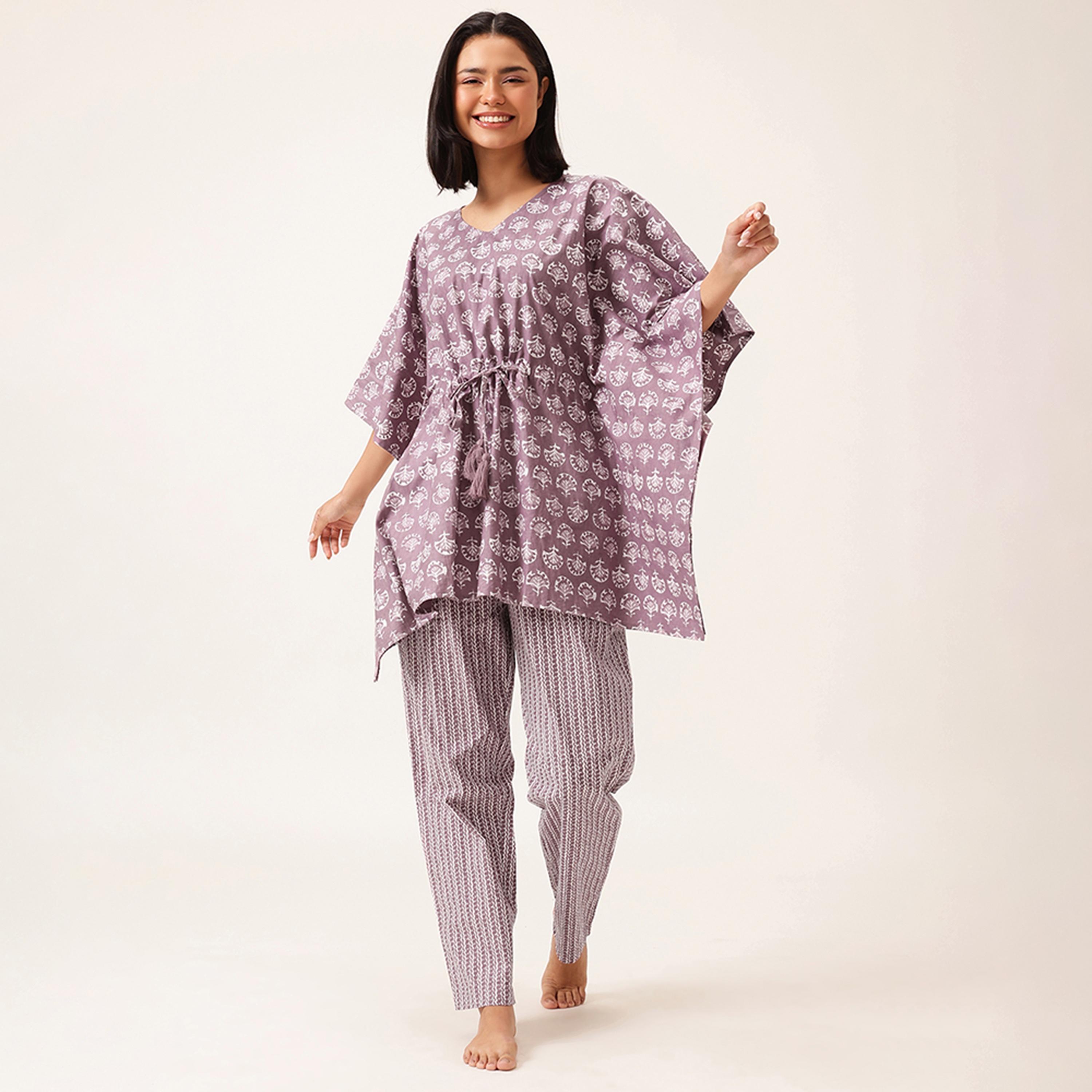 Clovia Block Me Pretty Kaftan Women's Top & Pyjama Set in Light Purple - 100% cotton-women-clothing-nightwear-pyjamas-longsets-image-1
