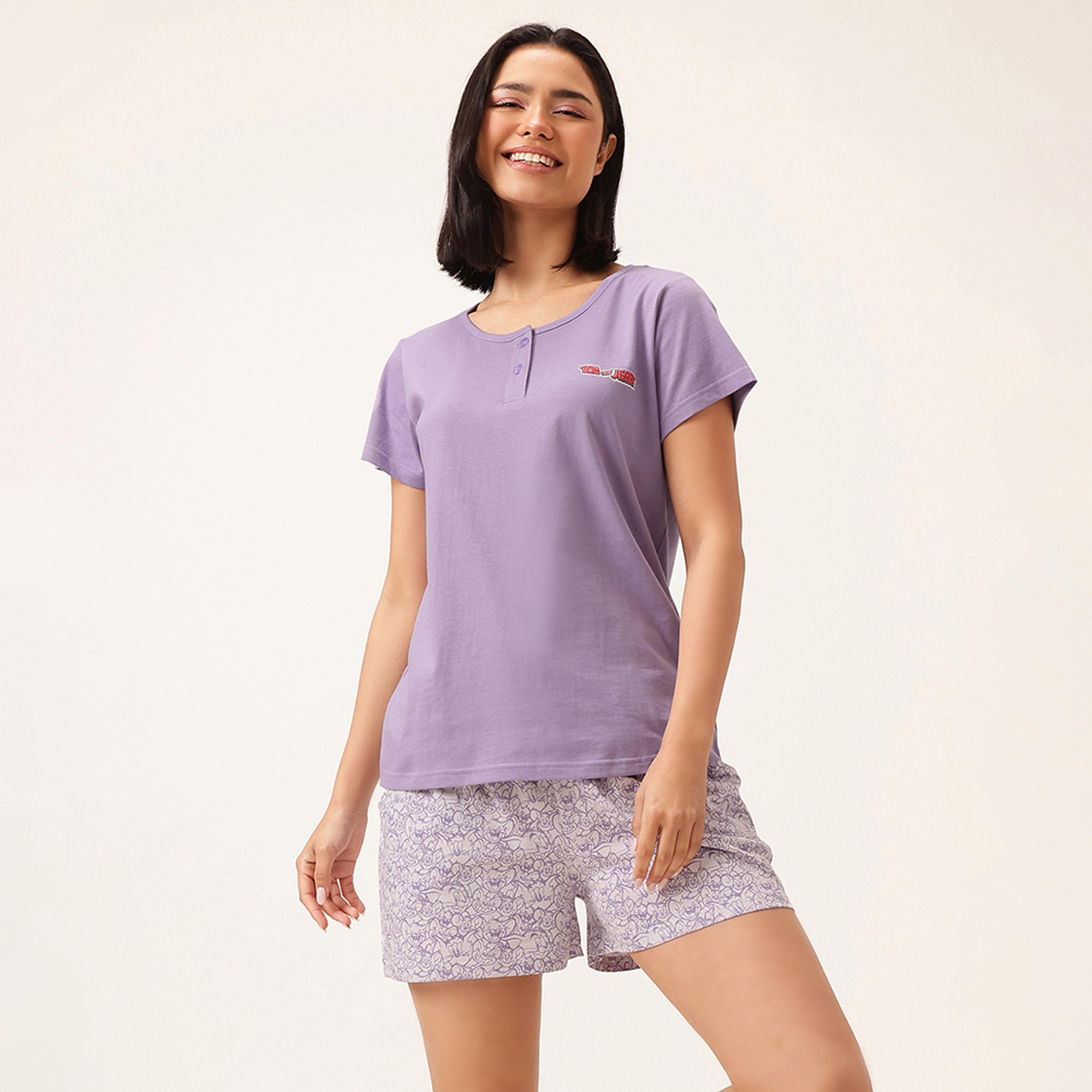 طقم تي شيرت وشورت بطبعة "توم وجيري" - 100% قطن لافندر من كلوفيا-women-clothing-nightwear-pyjamas-shortsets-image-1