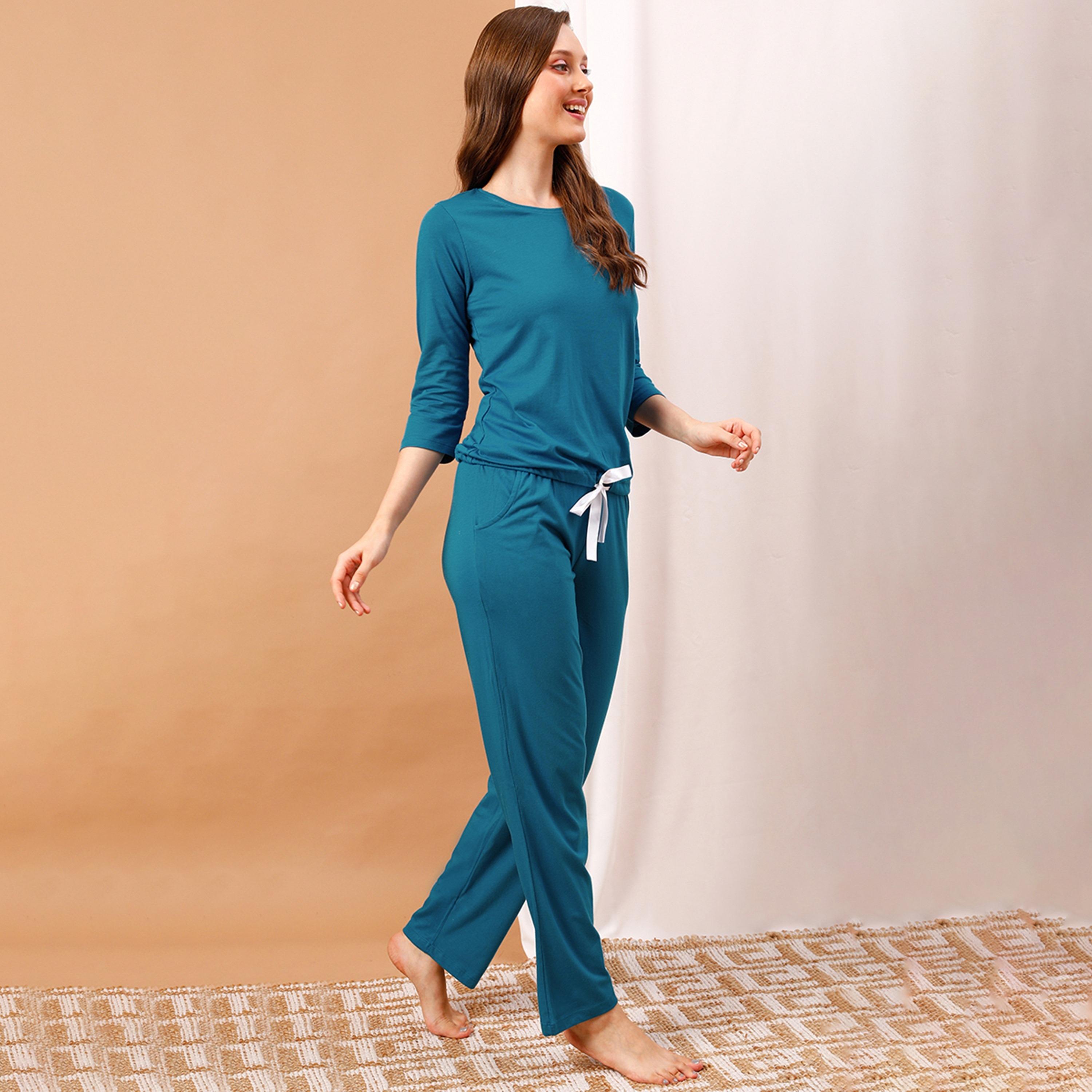 Clovia Chic Basic Women's Top & Pyjama Set in Ocean Blue - Modal-women-clothing-nightwear-pyjamas-longsets-image-6