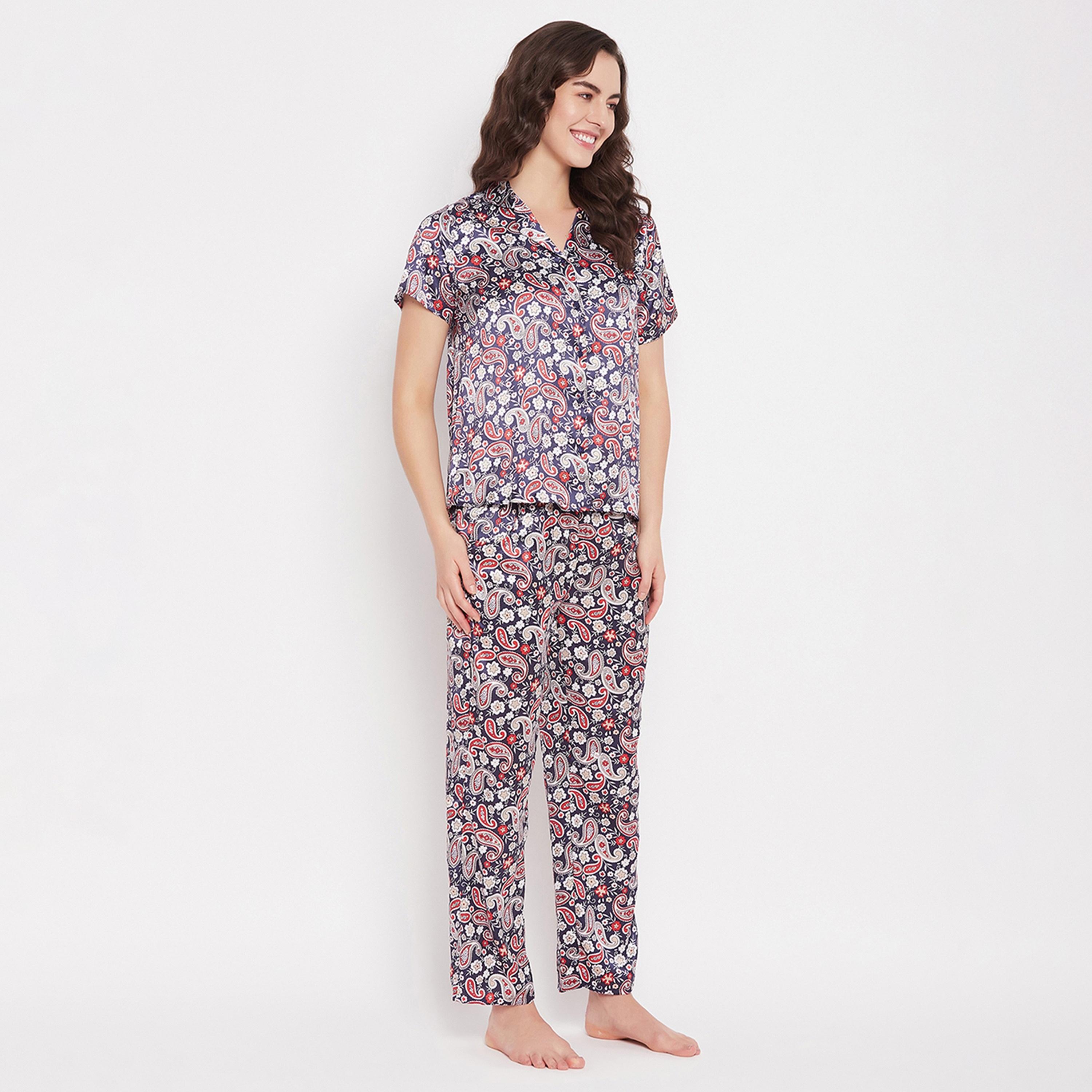 Clovia Paisley Print Button Down Women's Shirt & Pyjama Set in Navy - Satin-women-clothing-nightwear-pyjamas-longsets-image-3