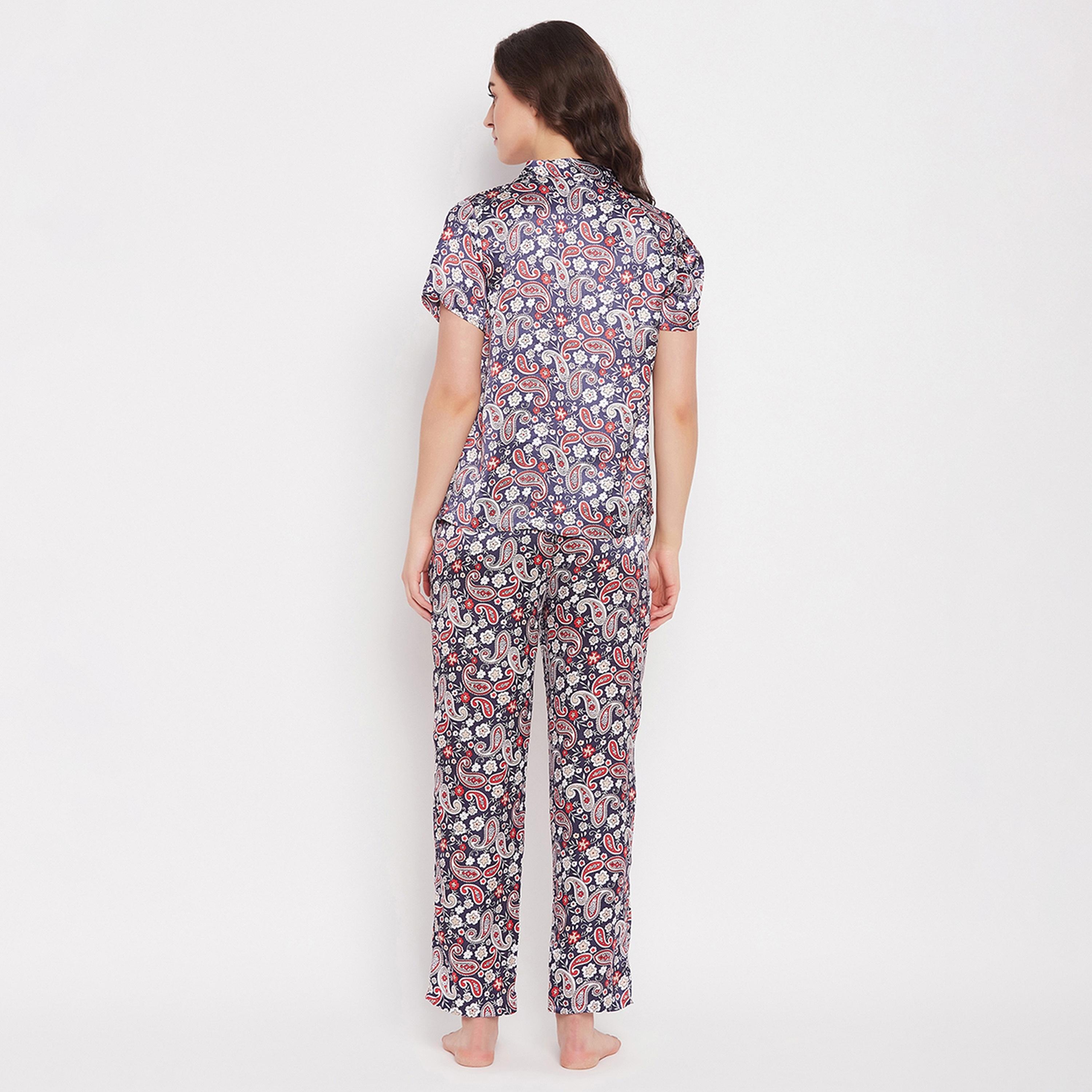 طقم قميص وبيجامة نسائي بأزرار بطبعة بيزلي باللون الأزرق الداكن من كلوفيا - ساتان-women-clothing-nightwear-pyjamas-longsets-image-4