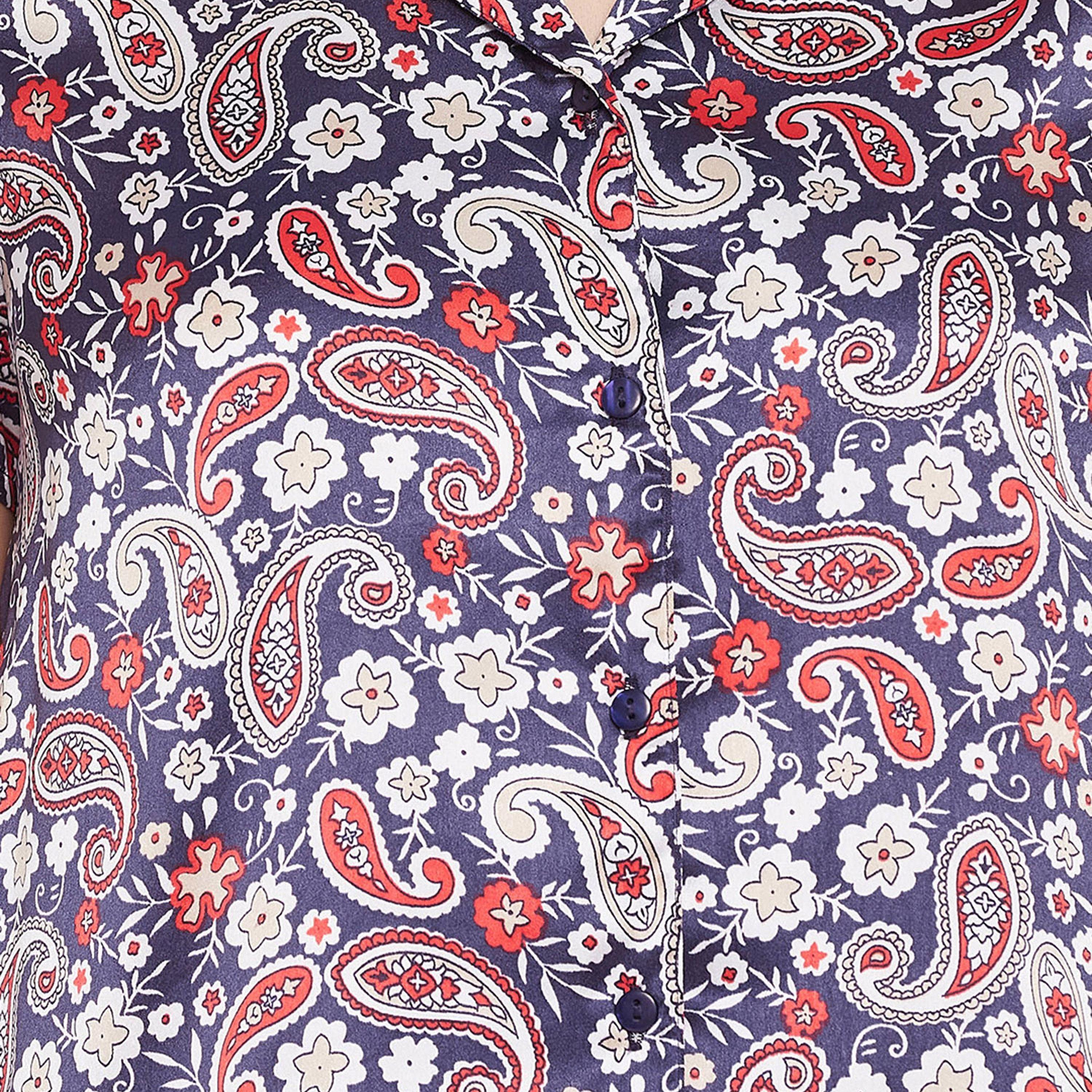 طقم قميص وبيجامة نسائي بأزرار بطبعة بيزلي باللون الأزرق الداكن من كلوفيا - ساتان-women-clothing-nightwear-pyjamas-longsets-image-5