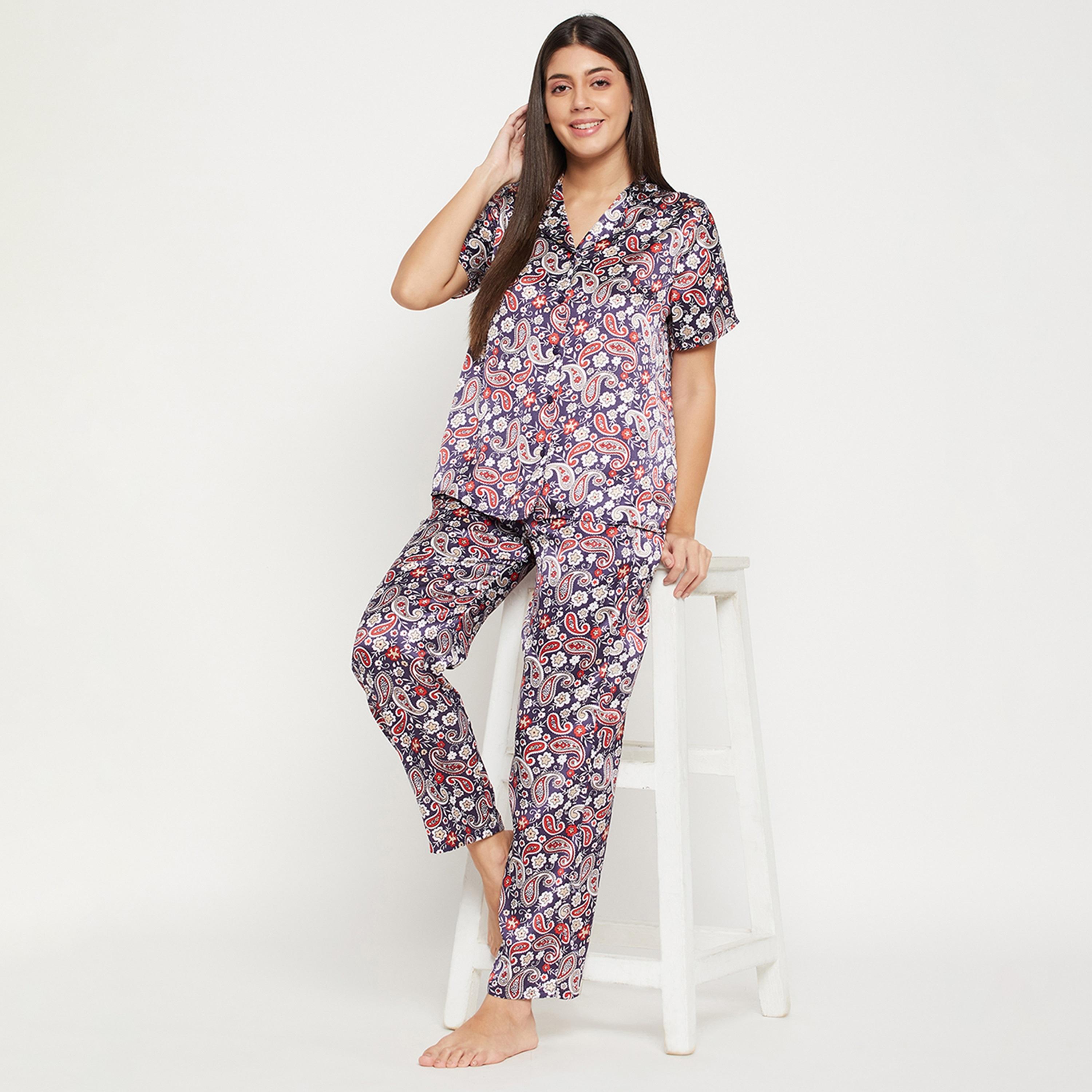 Clovia Paisley Print Button Down Women's Shirt & Pyjama Set in Navy - Satin-women-clothing-nightwear-pyjamas-longsets-image-7
