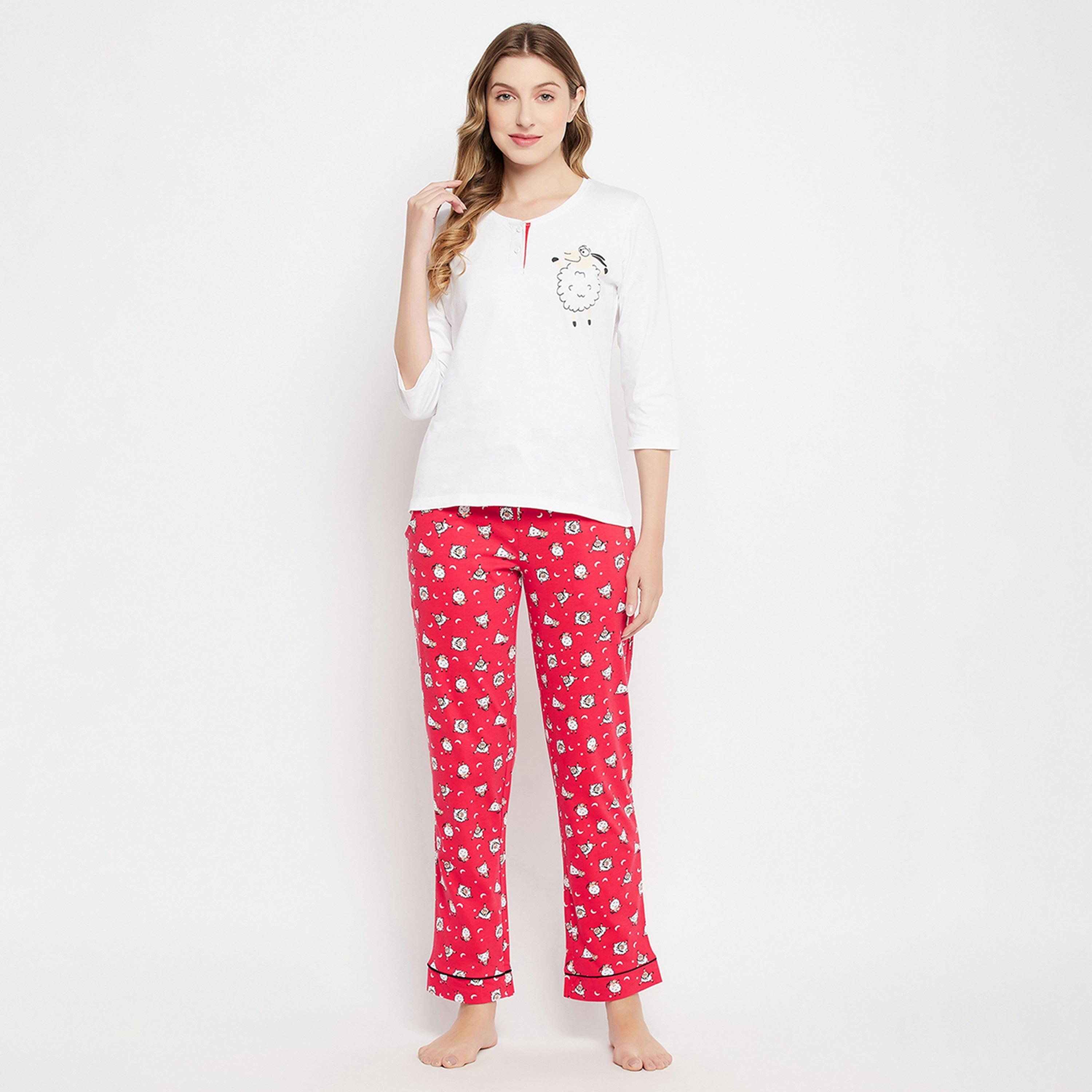 Clovia Sheep Print Women's Top in White & Pyjama in Red - Pure Cotton-women-clothing-nightwear-pyjamas-longsets-image-1