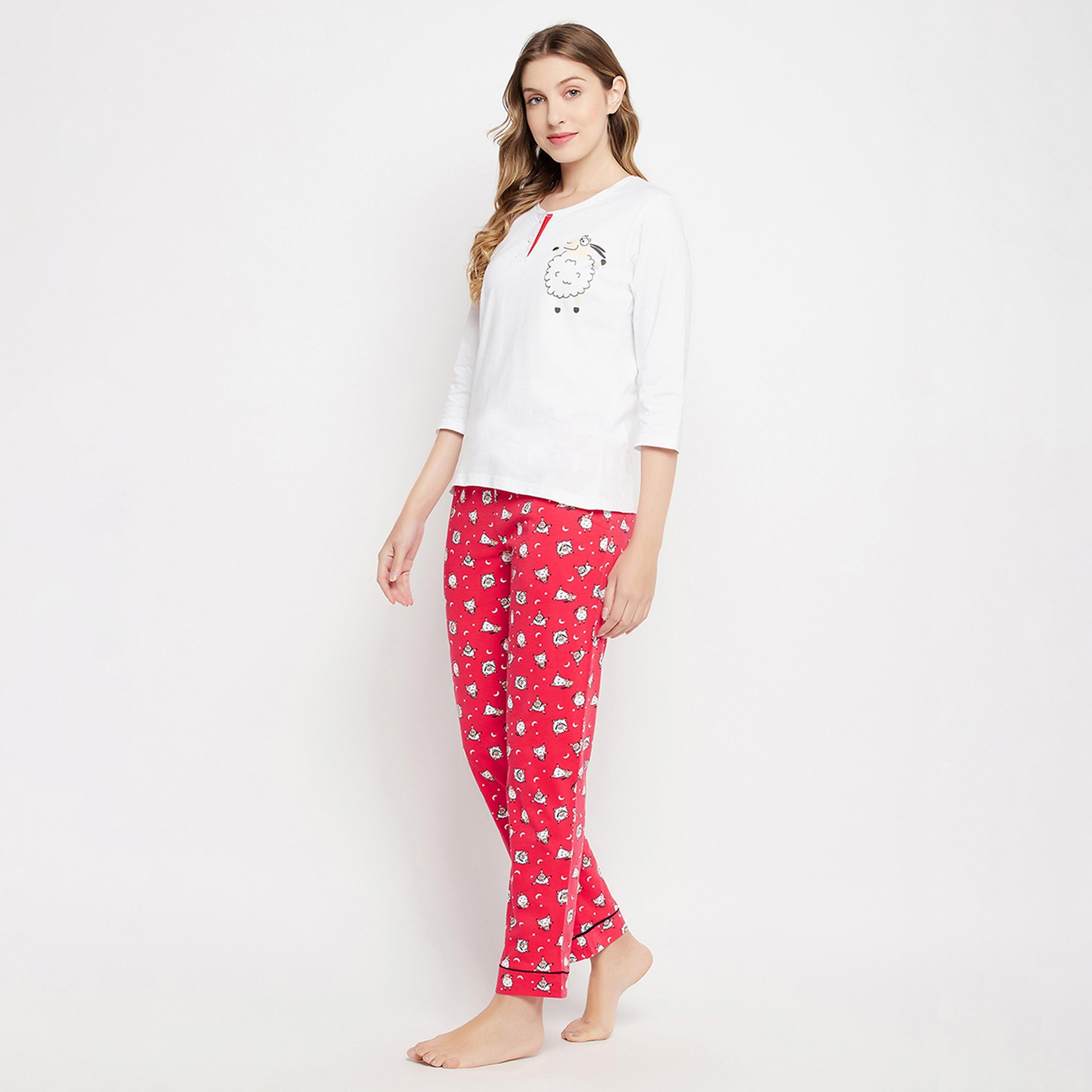 Clovia Sheep Print Women's Top in White & Pyjama in Red - Pure Cotton-women-clothing-nightwear-pyjamas-longsets-image-2