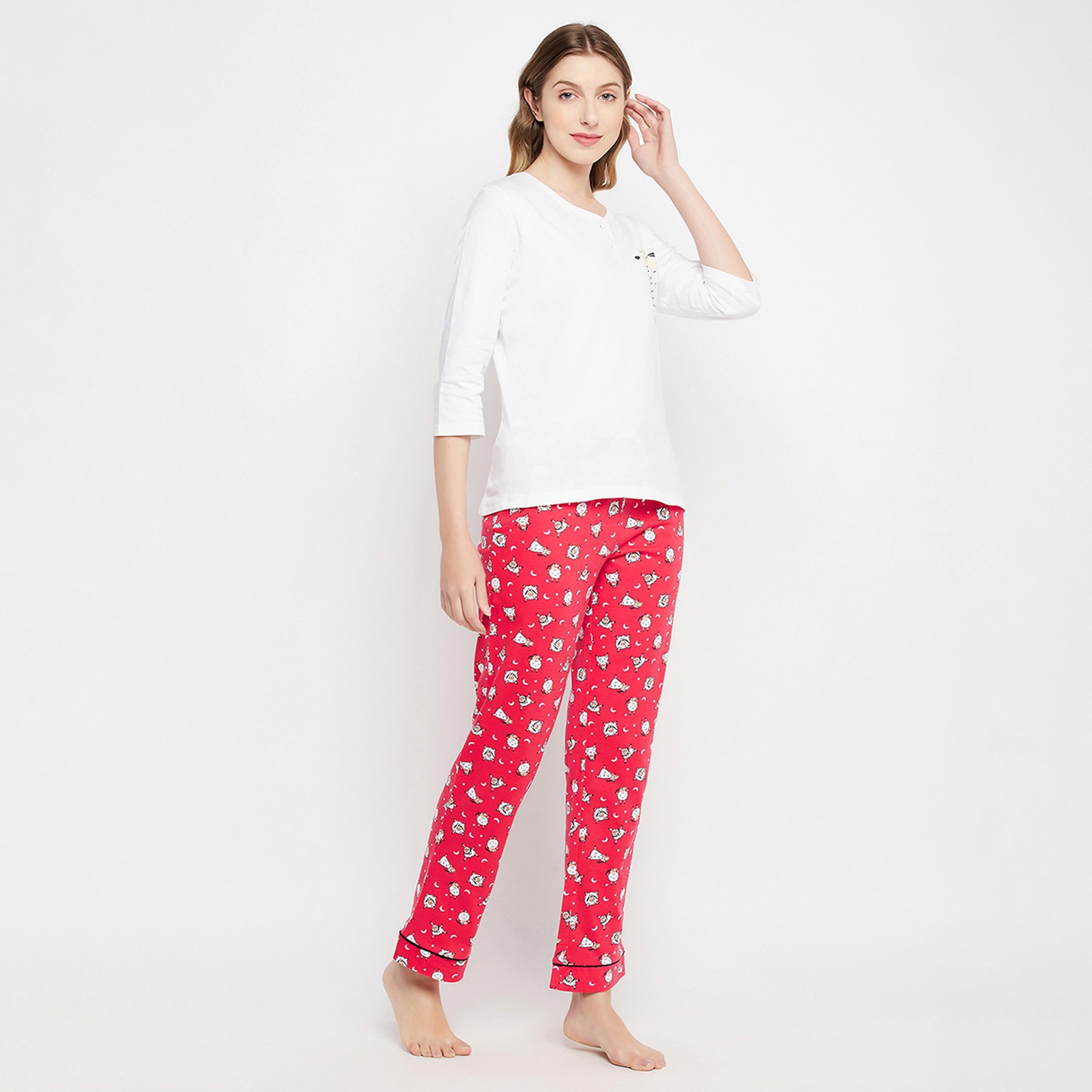 Clovia Sheep Print Women's Top in White & Pyjama in Red - Pure Cotton-women-clothing-nightwear-pyjamas-longsets-image-3