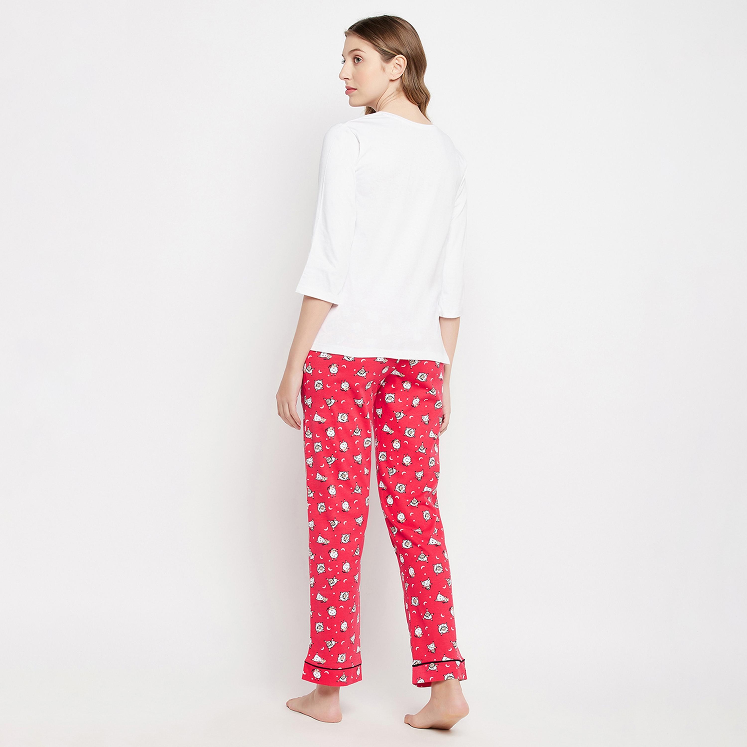 Clovia Sheep Print Women's Top in White & Pyjama in Red - Pure Cotton-women-clothing-nightwear-pyjamas-longsets-image-4