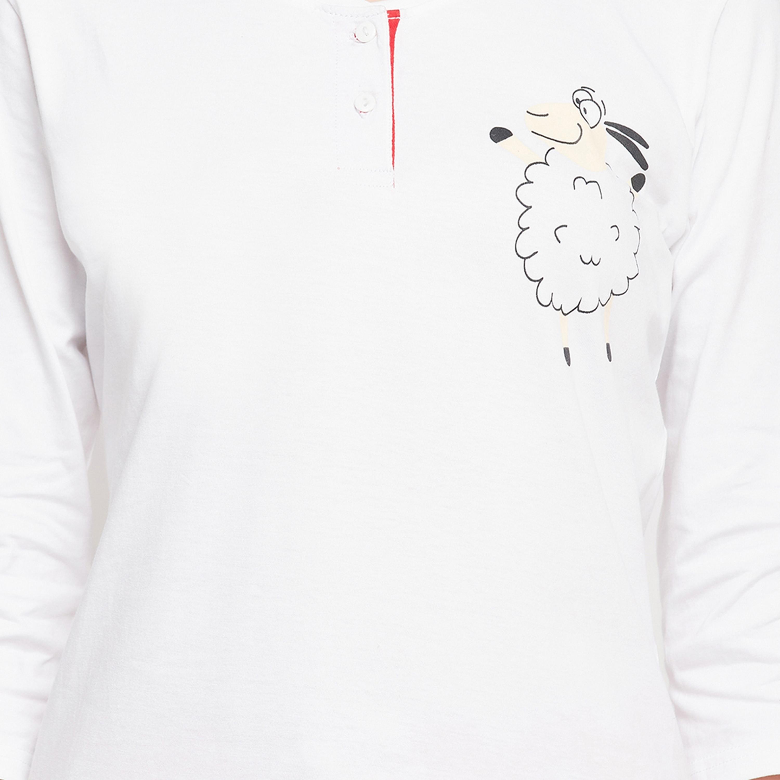 Clovia Sheep Print Women's Top in White & Pyjama in Red - Pure Cotton-women-clothing-nightwear-pyjamas-longsets-image-5