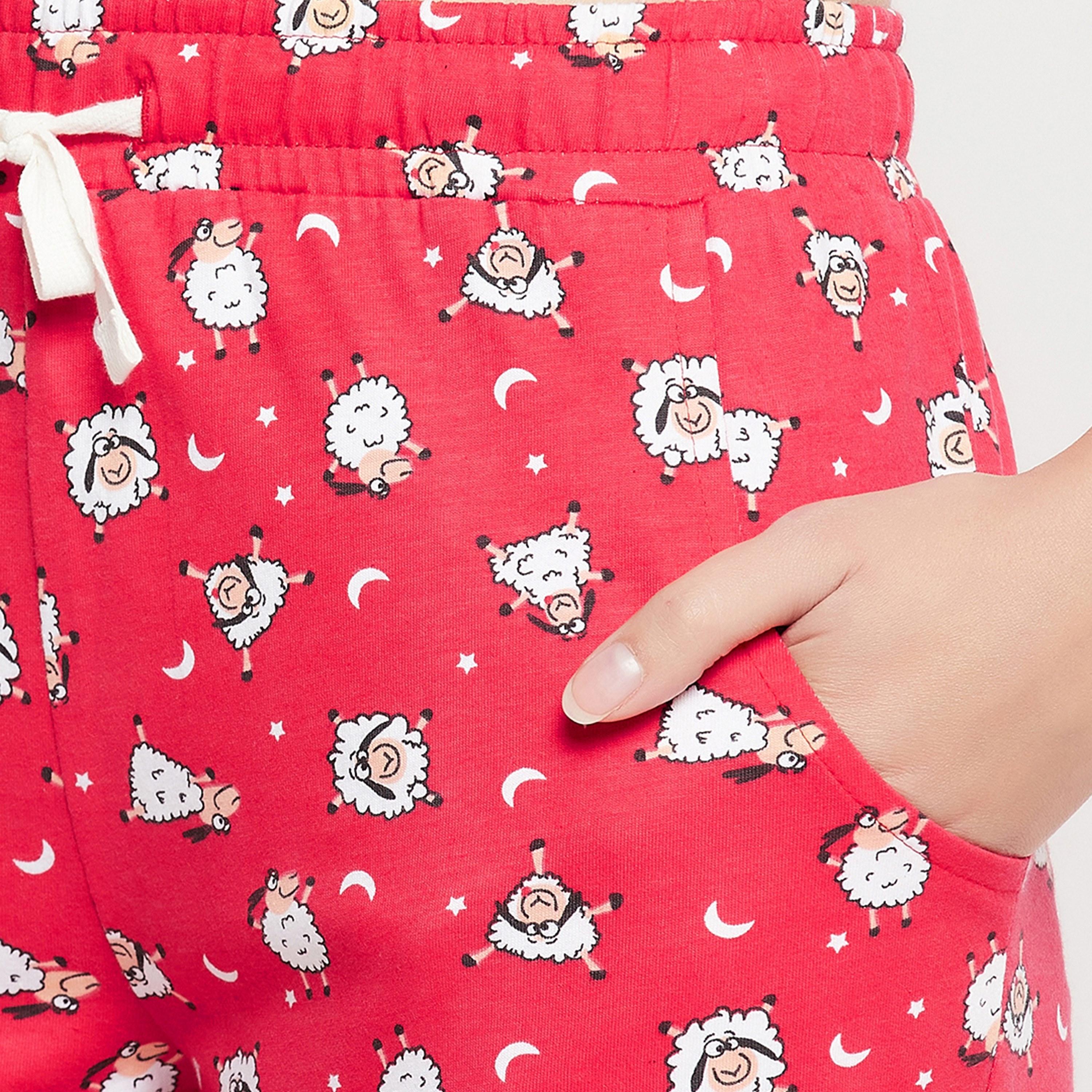 Clovia Sheep Print Women's Top in White & Pyjama in Red - Pure Cotton-women-clothing-nightwear-pyjamas-longsets-image-6