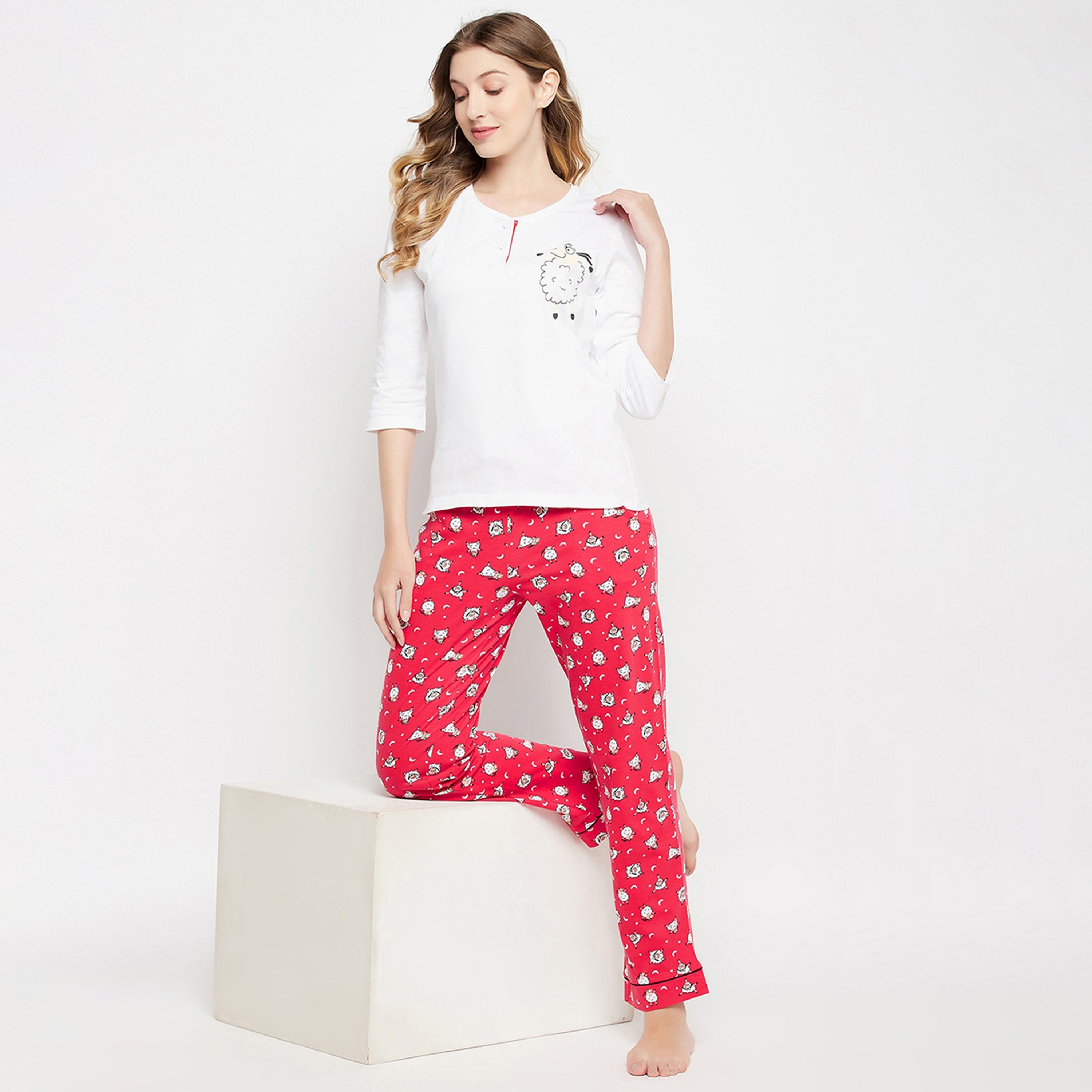 Clovia Sheep Print Women's Top in White & Pyjama in Red - Pure Cotton-women-clothing-nightwear-pyjamas-longsets-image-7