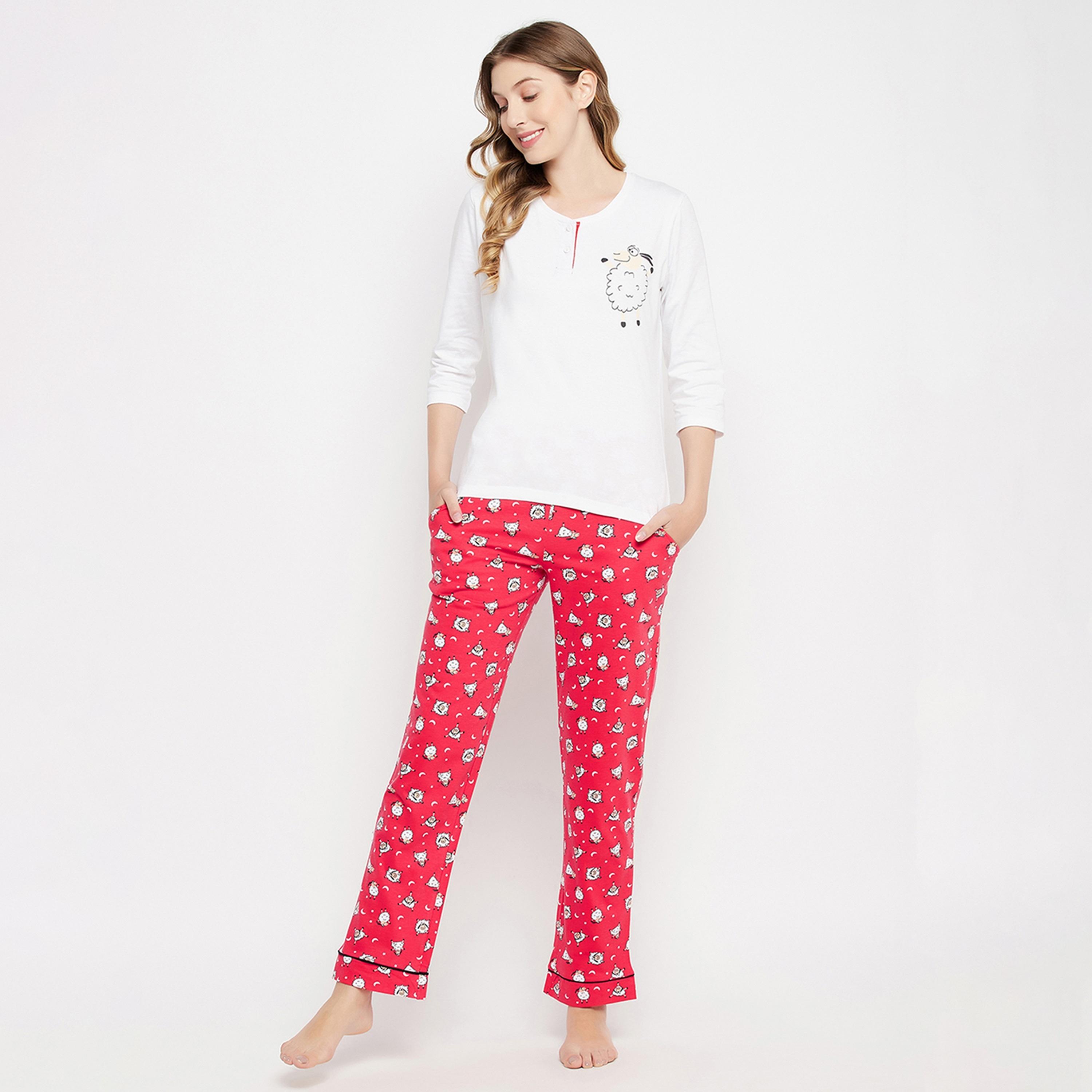 Clovia Sheep Print Women's Top in White & Pyjama in Red - Pure Cotton-women-clothing-nightwear-pyjamas-longsets-image-8
