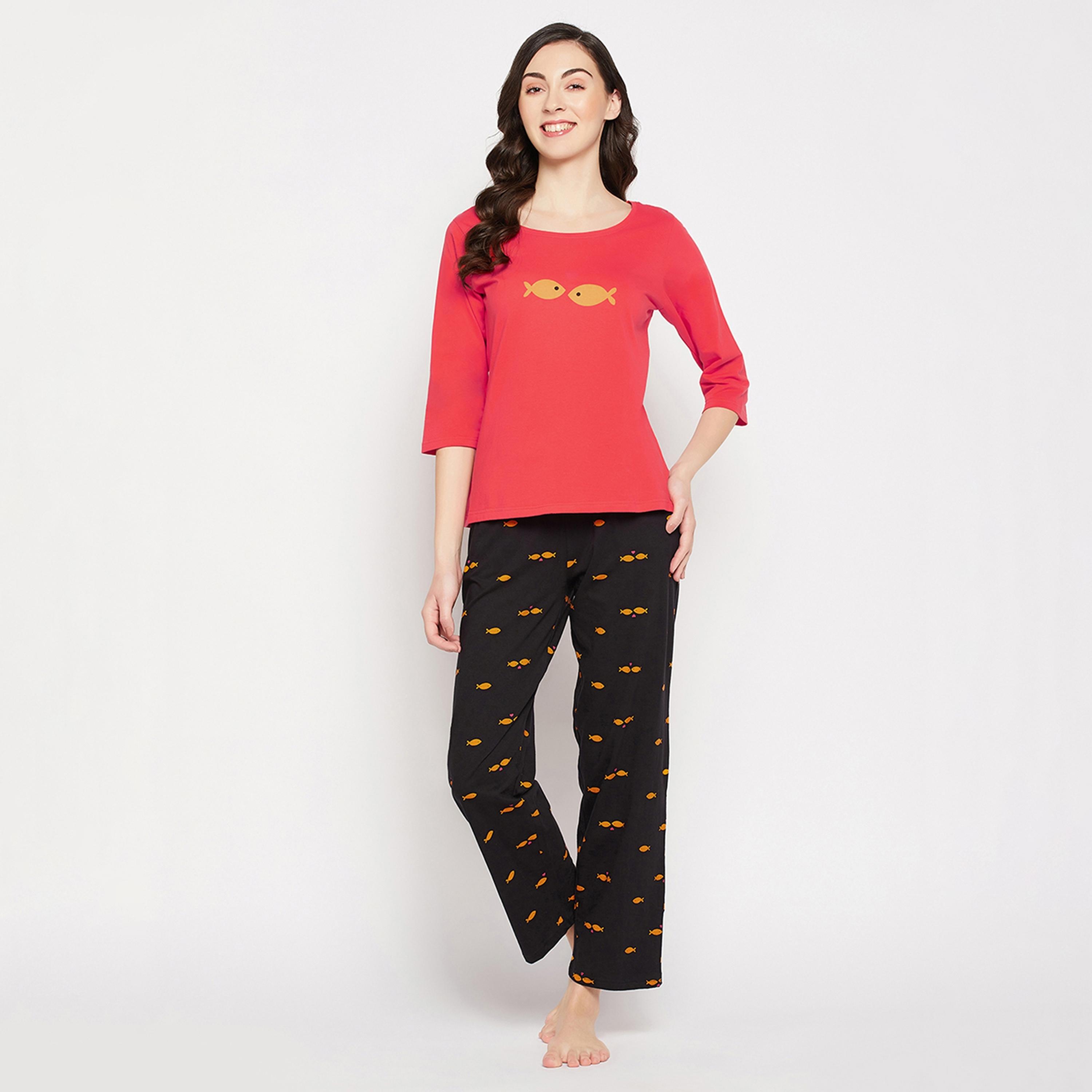 Clovia Fish Print Women's Top in Red & Pyjama in Black - Pure Cotton-women-clothing-nightwear-pyjamas-longsets-image-1