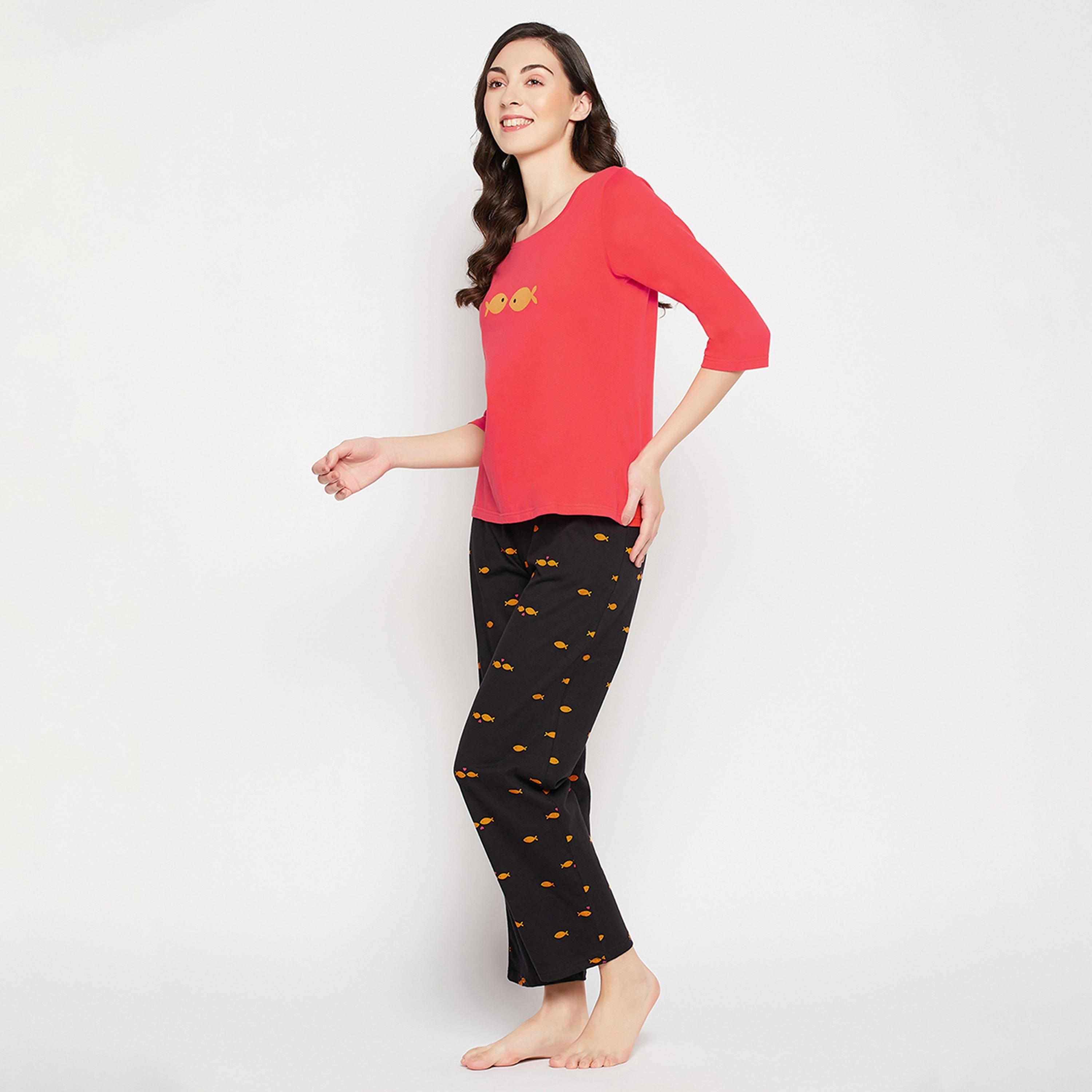 Clovia Fish Print Women's Top in Red & Pyjama in Black - Pure Cotton-women-clothing-nightwear-pyjamas-longsets-image-2