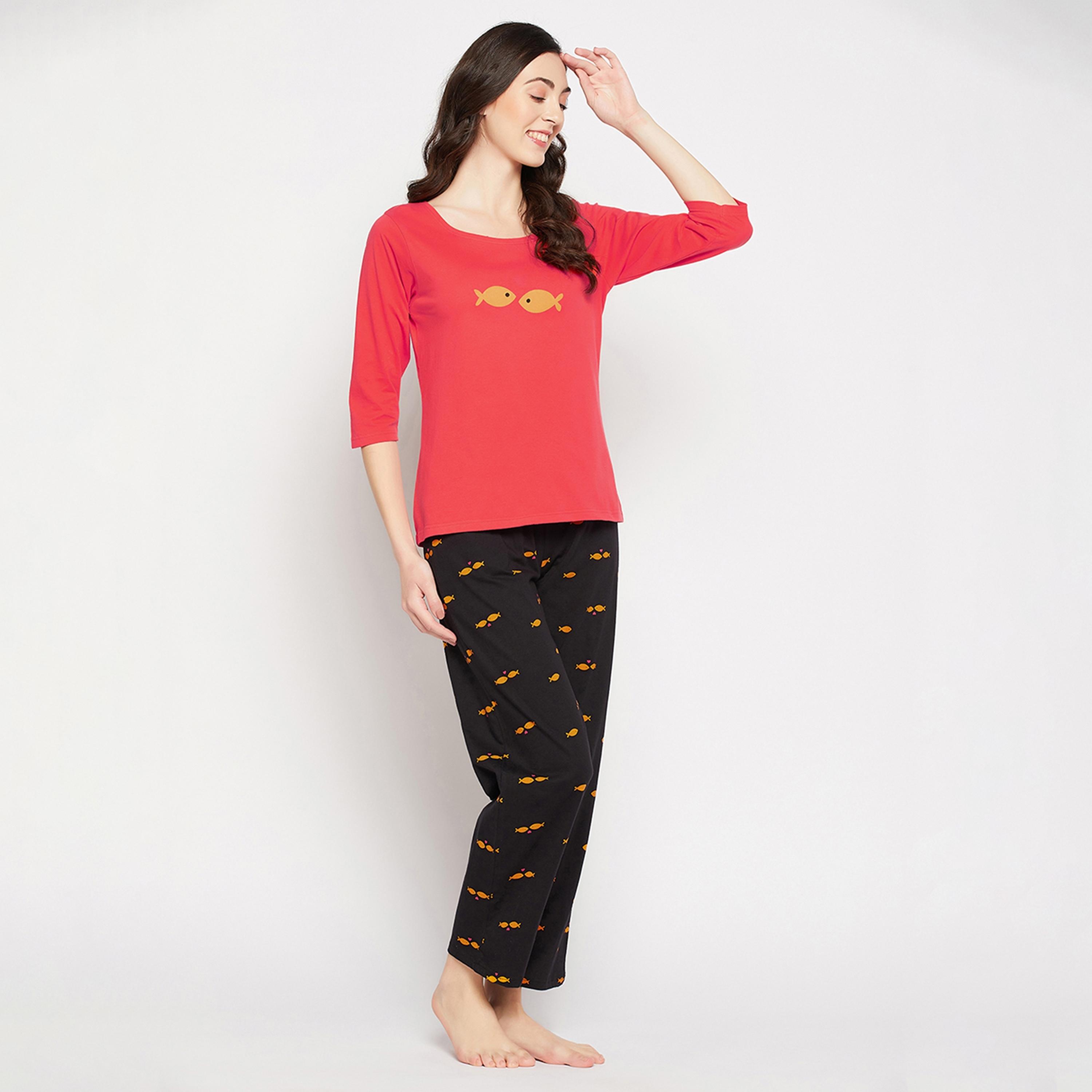 Clovia Fish Print Women's Top in Red & Pyjama in Black - Pure Cotton-women-clothing-nightwear-pyjamas-longsets-image-3