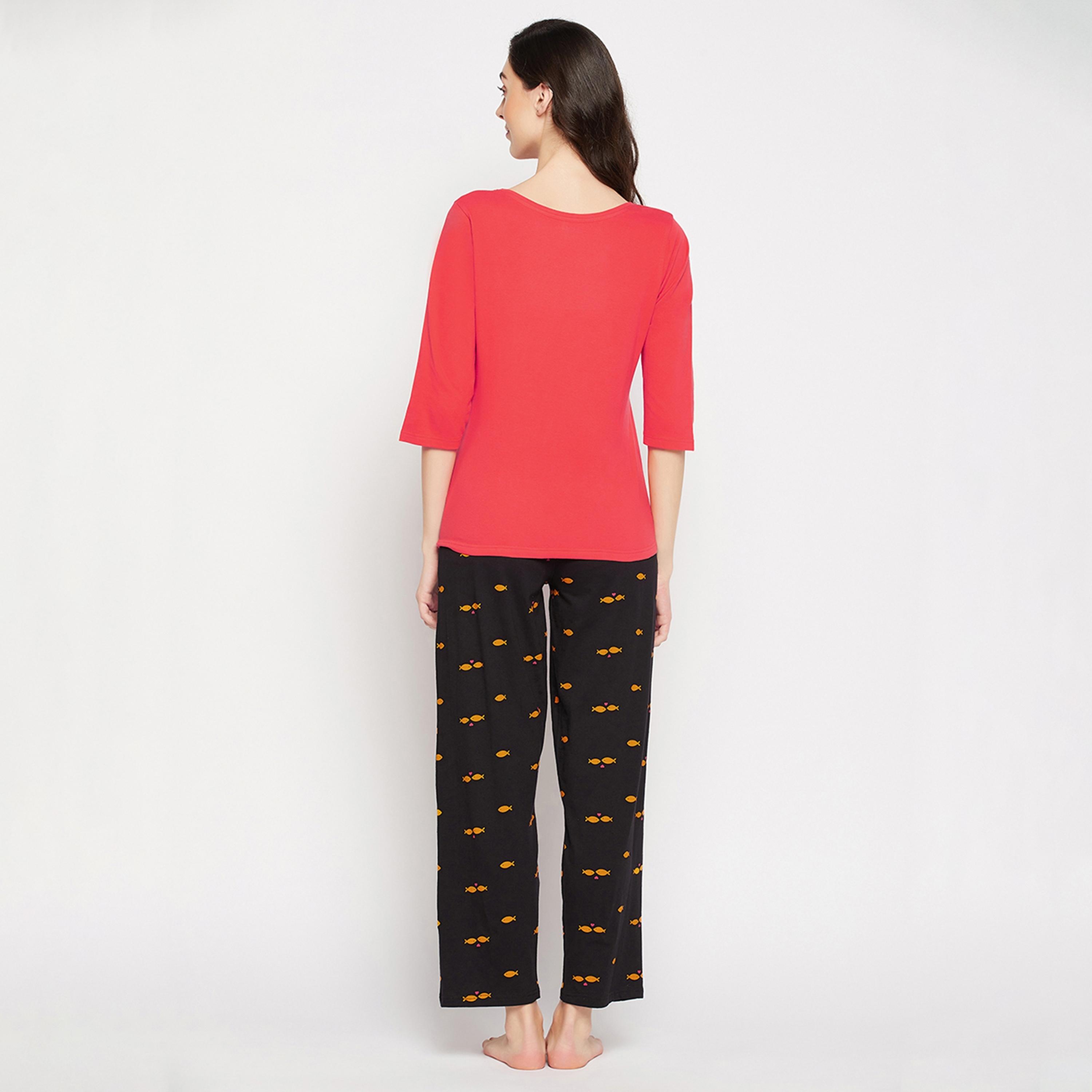 Clovia Fish Print Women's Top in Red & Pyjama in Black - Pure Cotton-women-clothing-nightwear-pyjamas-longsets-image-4