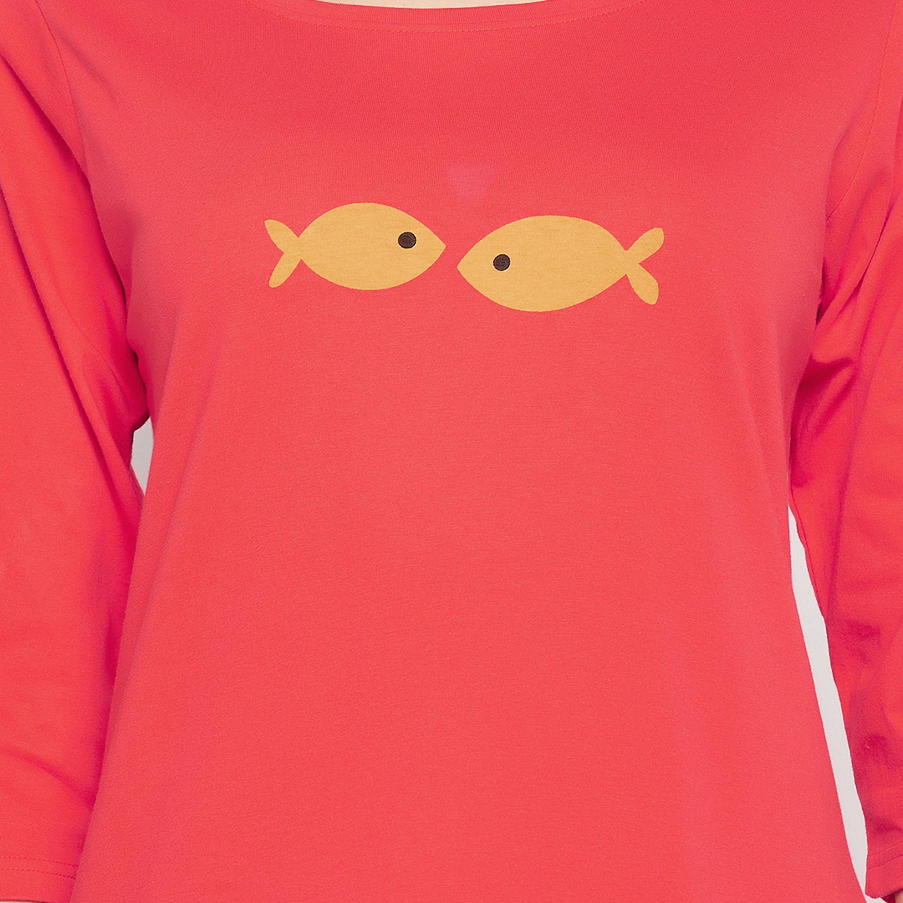 Clovia Fish Print Women's Top in Red & Pyjama in Black - Pure Cotton-women-clothing-nightwear-pyjamas-longsets-image-5