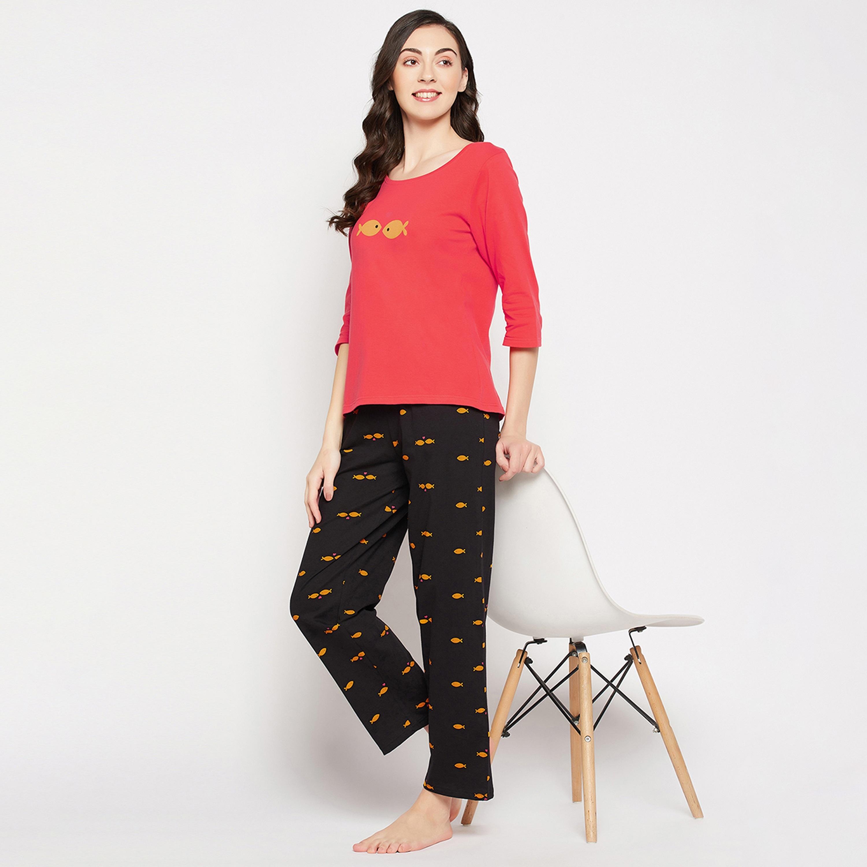 Clovia Fish Print Women's Top in Red & Pyjama in Black - Pure Cotton-women-clothing-nightwear-pyjamas-longsets-image-7