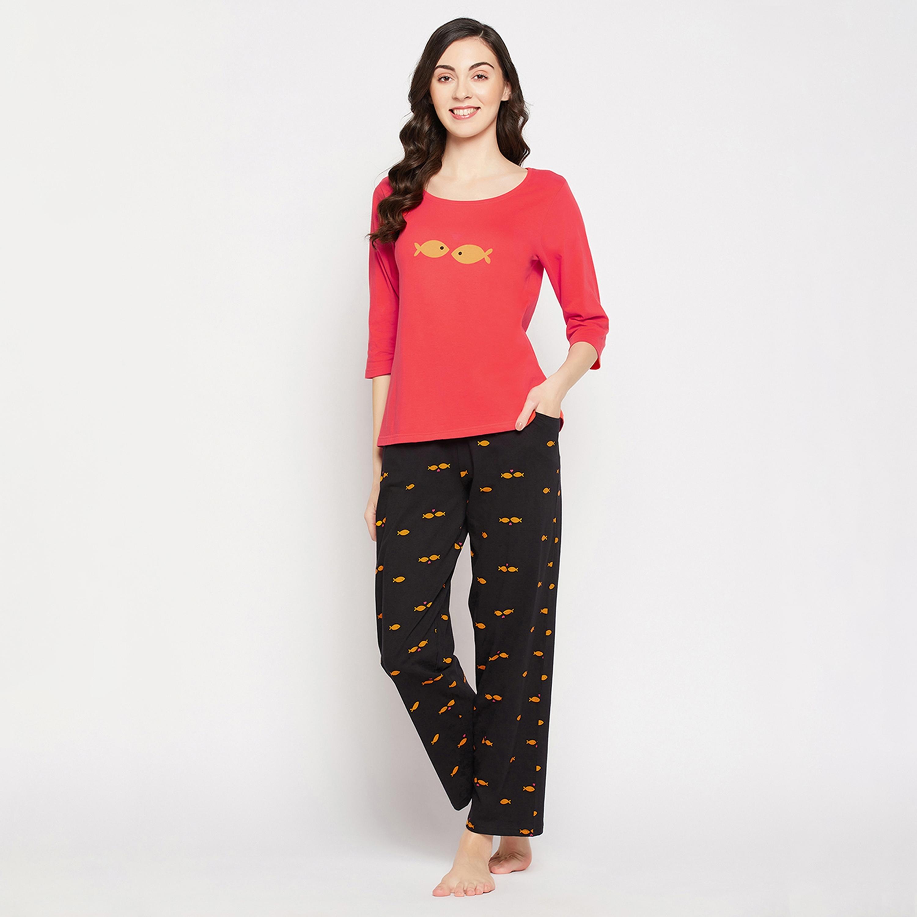Clovia Fish Print Women's Top in Red & Pyjama in Black - Pure Cotton-women-clothing-nightwear-pyjamas-longsets-image-8