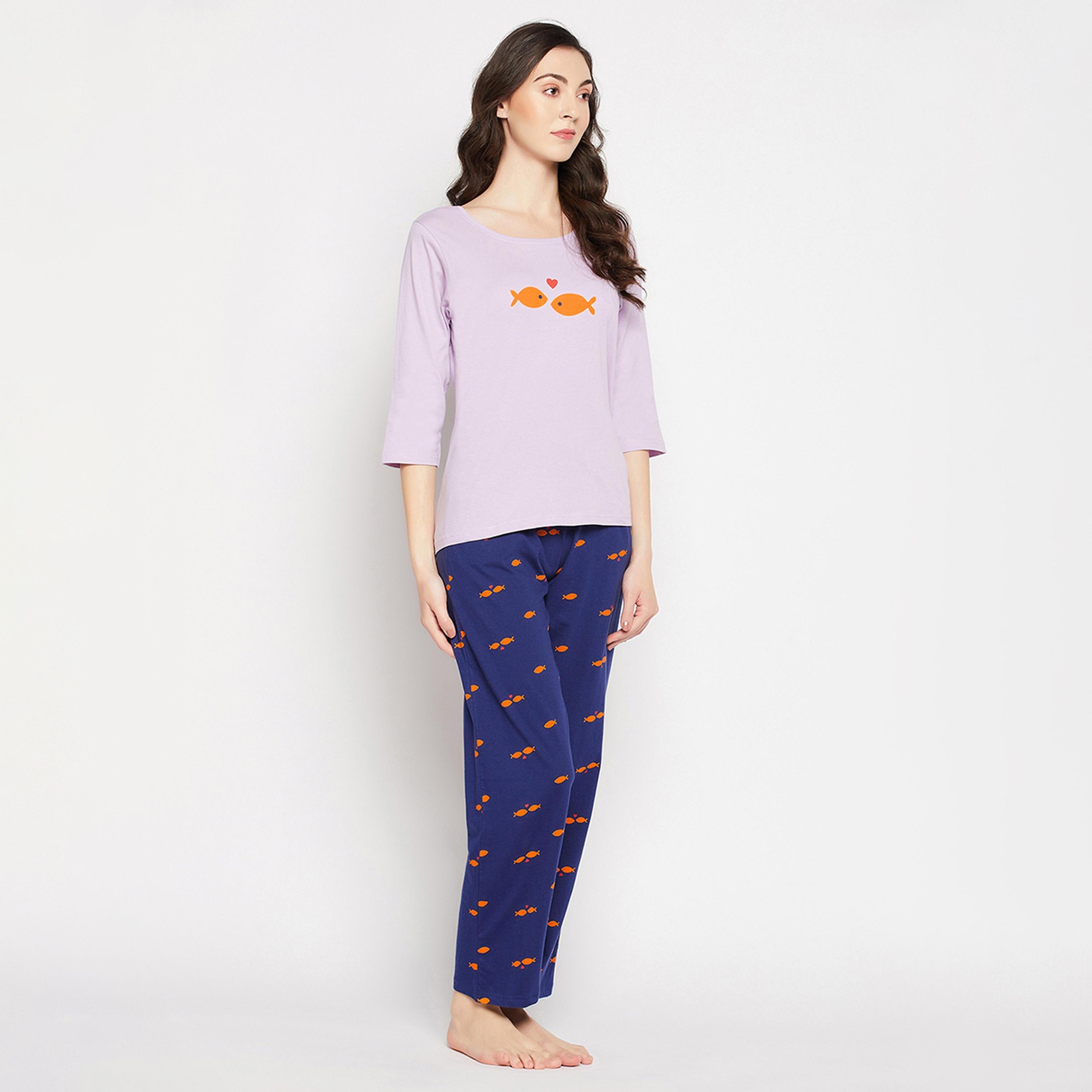 Clovia Fish Print Women's Top in Lilac & Pyjama in Navy - Pure Cotton-women-clothing-nightwear-pyjamas-longsets-image-3