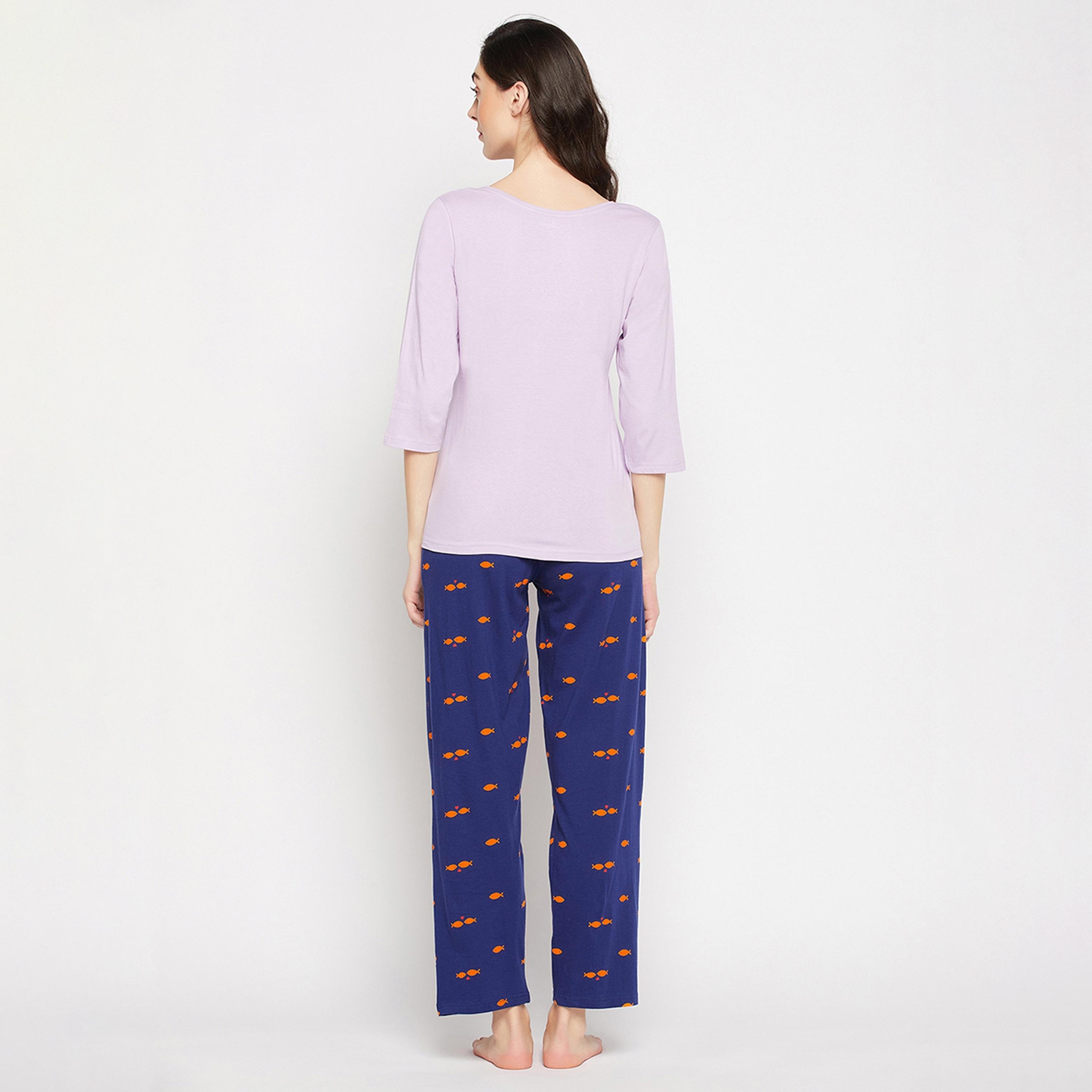 Clovia Fish Print Women's Top in Lilac & Pyjama in Navy - Pure Cotton-women-clothing-nightwear-pyjamas-longsets-image-4
