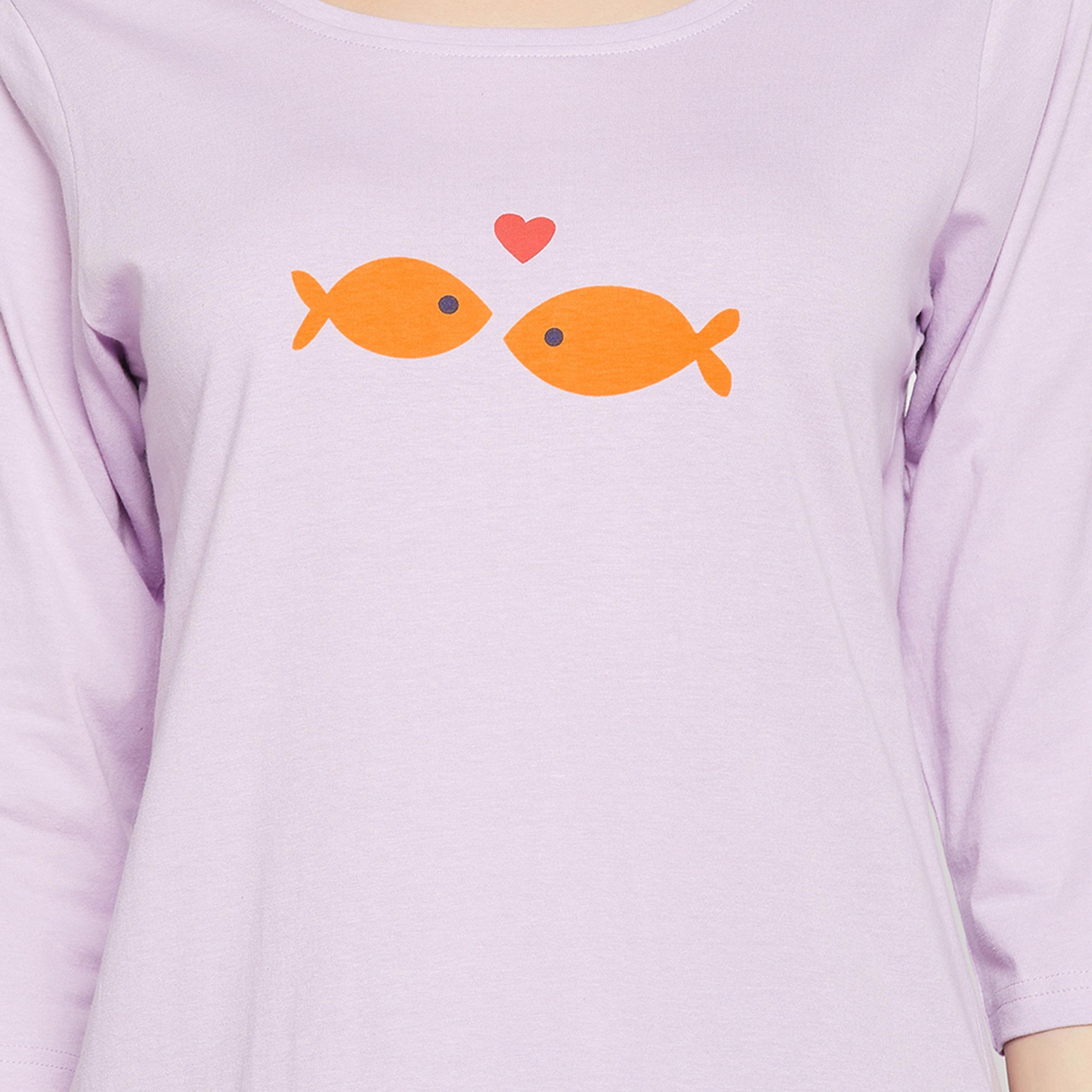 Clovia Fish Print Women's Top in Lilac & Pyjama in Navy - Pure Cotton-women-clothing-nightwear-pyjamas-longsets-image-5