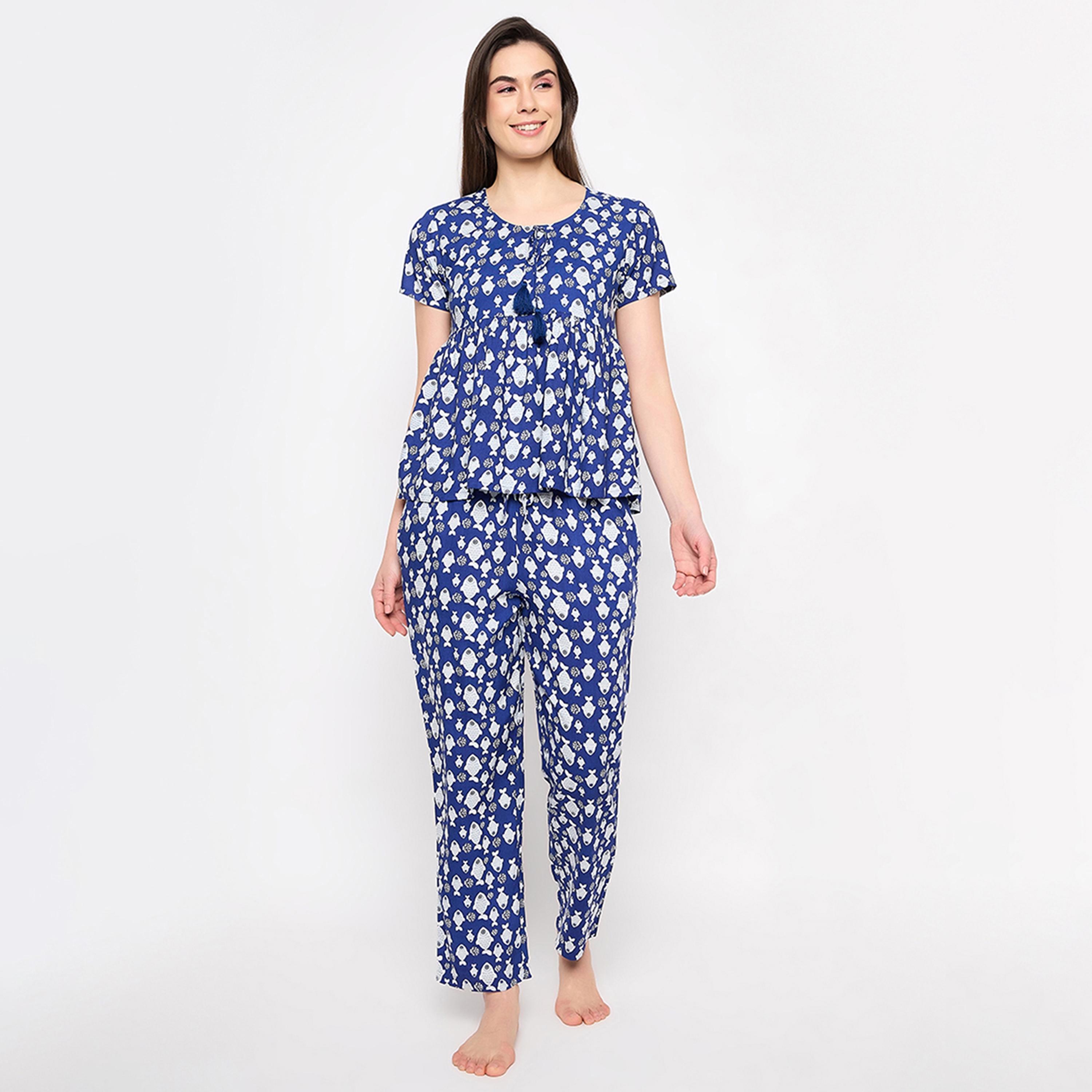 Clovia Fish Print Peplum Women's Top & Pyjama Set in Midnight Blue - Rayon-women-clothing-nightwear-pyjamas-longsets-image-1