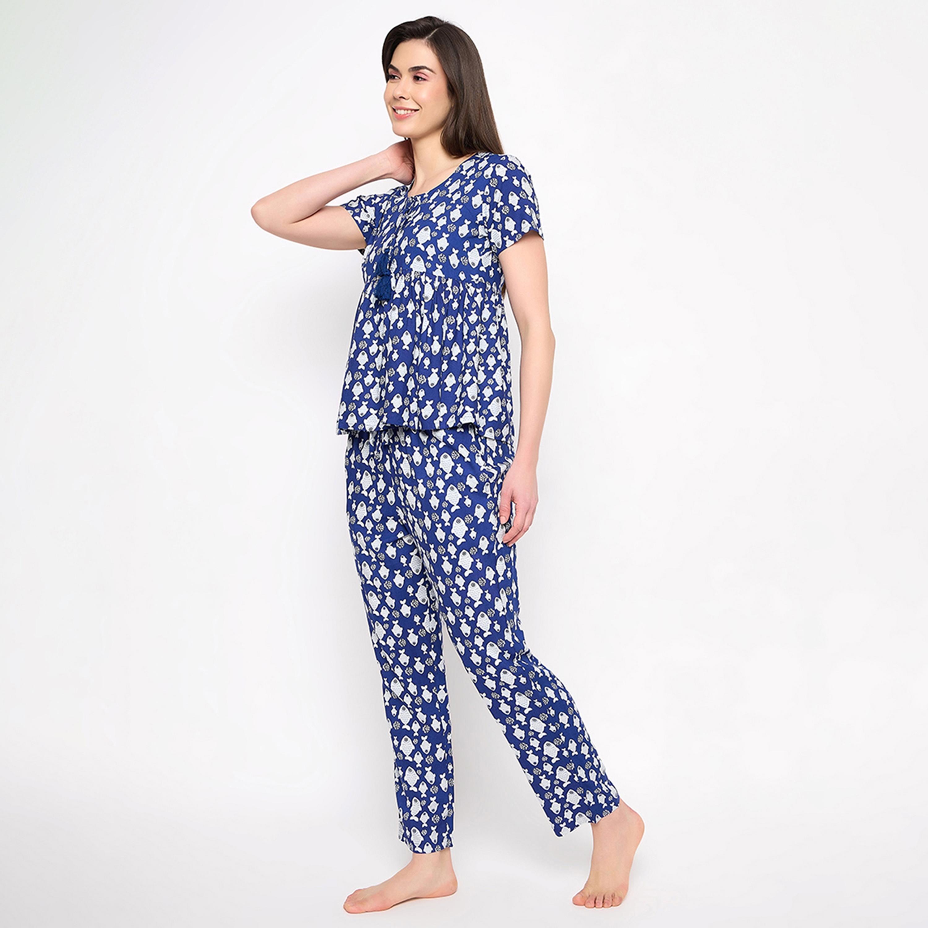 Clovia Fish Print Peplum Women's Top & Pyjama Set in Midnight Blue - Rayon-women-clothing-nightwear-pyjamas-longsets-image-2