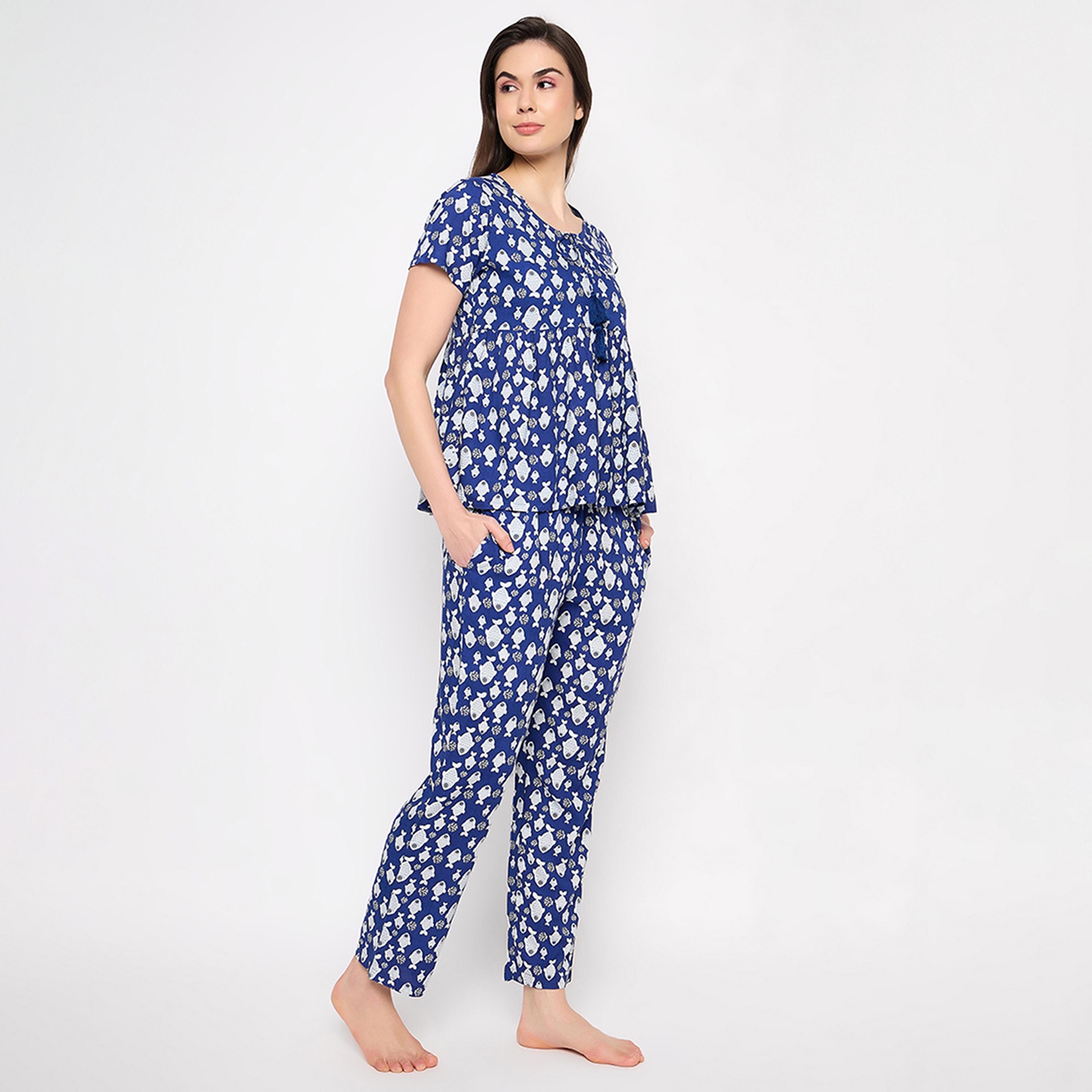 Clovia Fish Print Peplum Women's Top & Pyjama Set in Midnight Blue - Rayon-women-clothing-nightwear-pyjamas-longsets-image-3