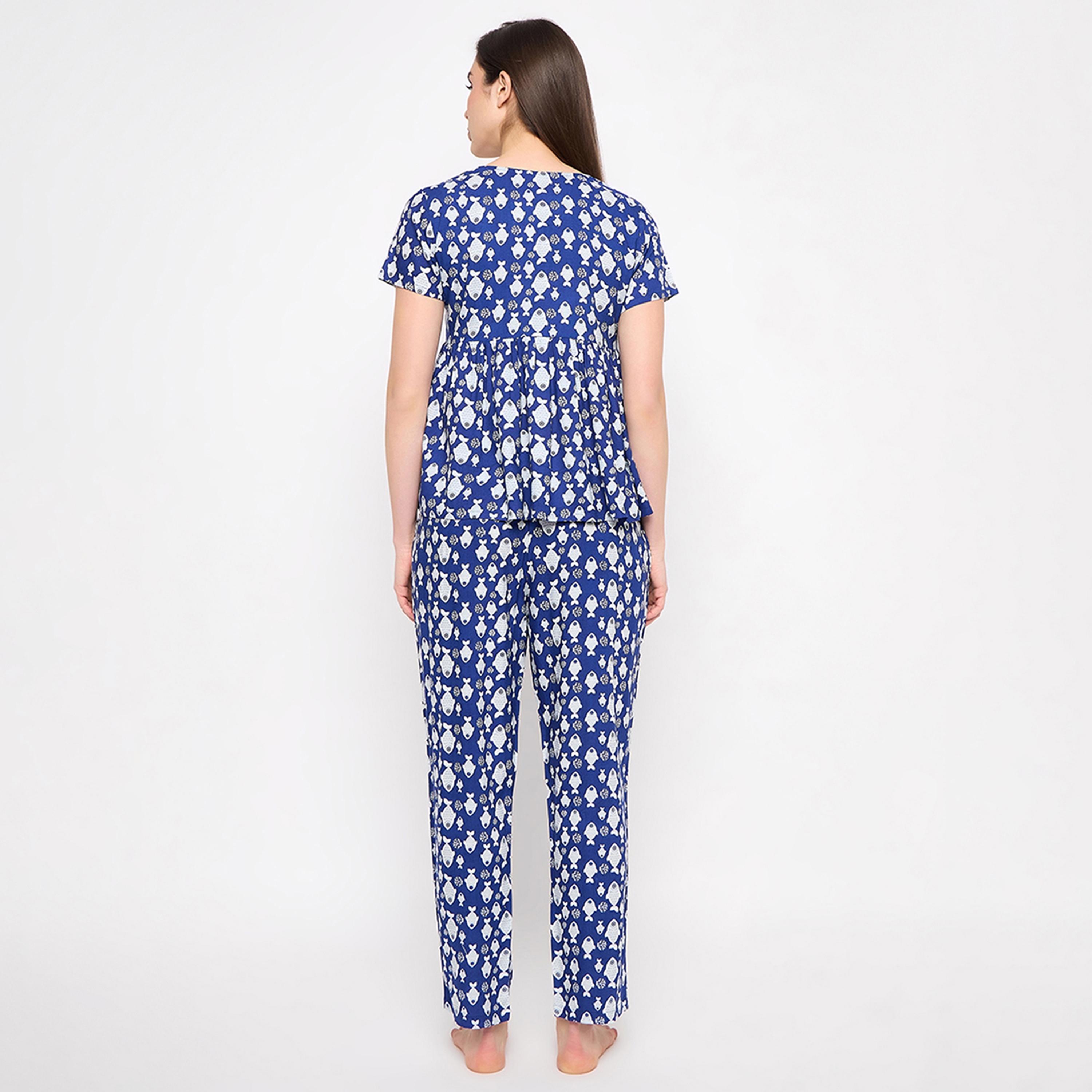Clovia Fish Print Peplum Women's Top & Pyjama Set in Midnight Blue - Rayon-women-clothing-nightwear-pyjamas-longsets-image-4
