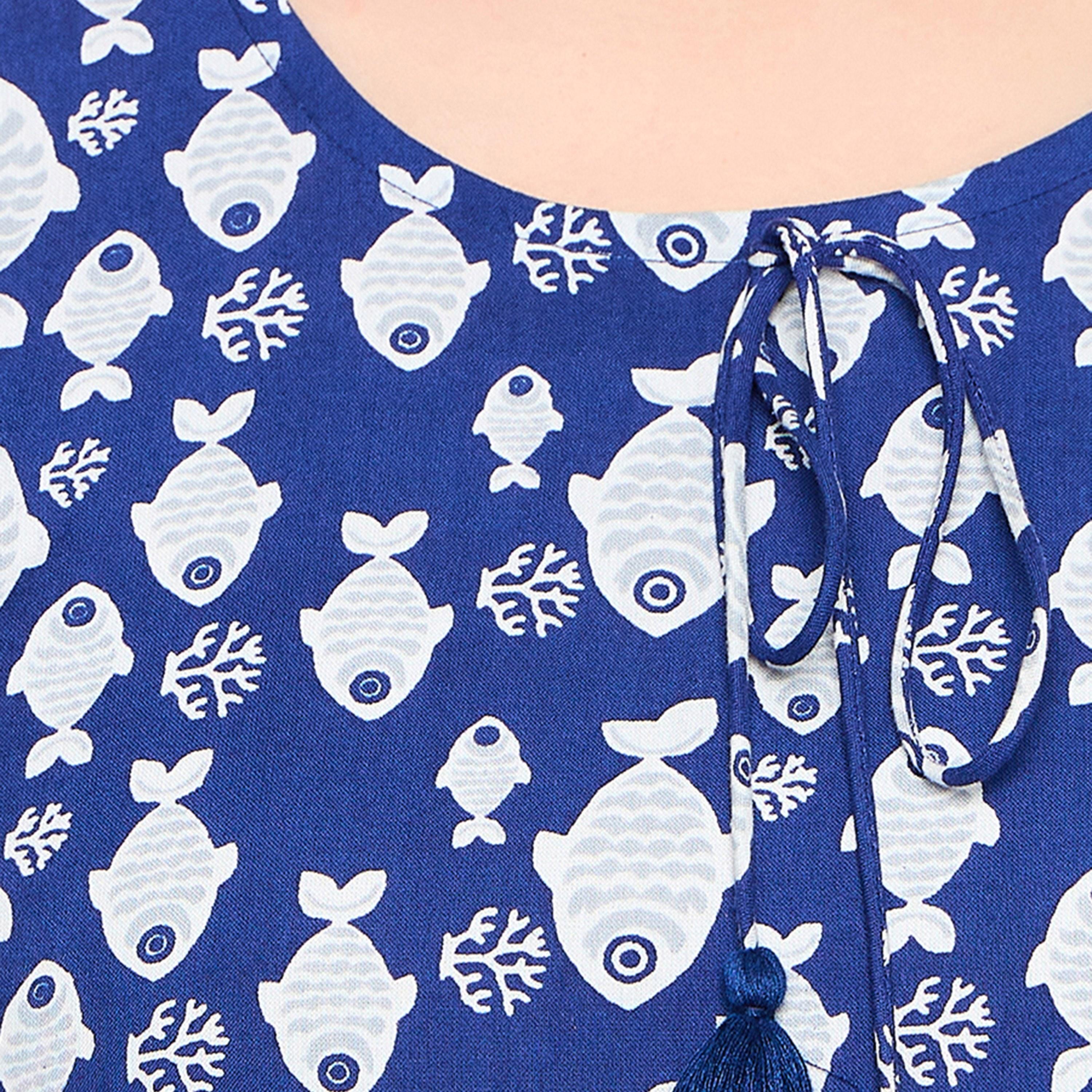Clovia Fish Print Peplum Women's Top & Pyjama Set in Midnight Blue - Rayon-women-clothing-nightwear-pyjamas-longsets-image-5