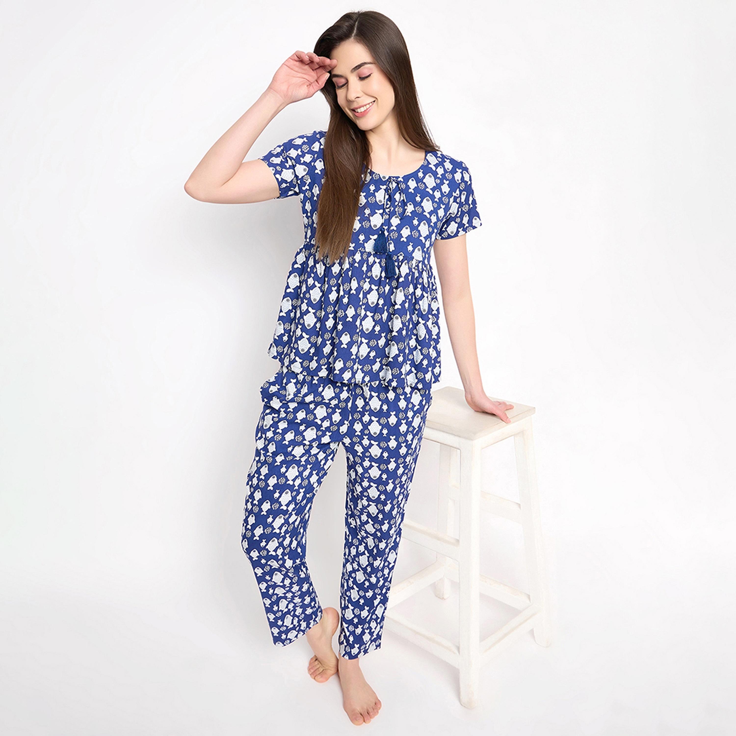 Clovia Fish Print Peplum Women's Top & Pyjama Set in Midnight Blue - Rayon-women-clothing-nightwear-pyjamas-longsets-image-7