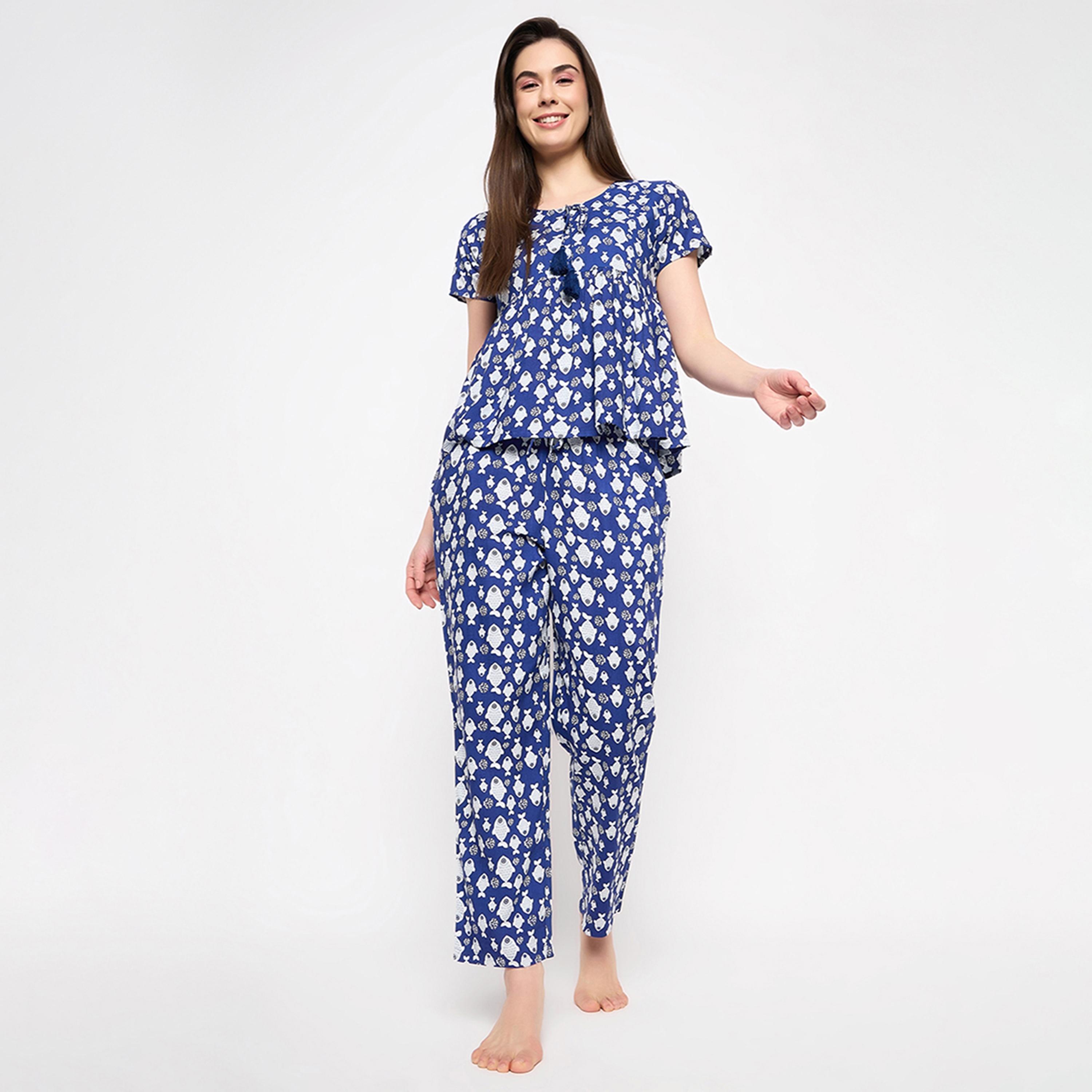 Clovia Fish Print Peplum Women's Top & Pyjama Set in Midnight Blue - Rayon-women-clothing-nightwear-pyjamas-longsets-image-8