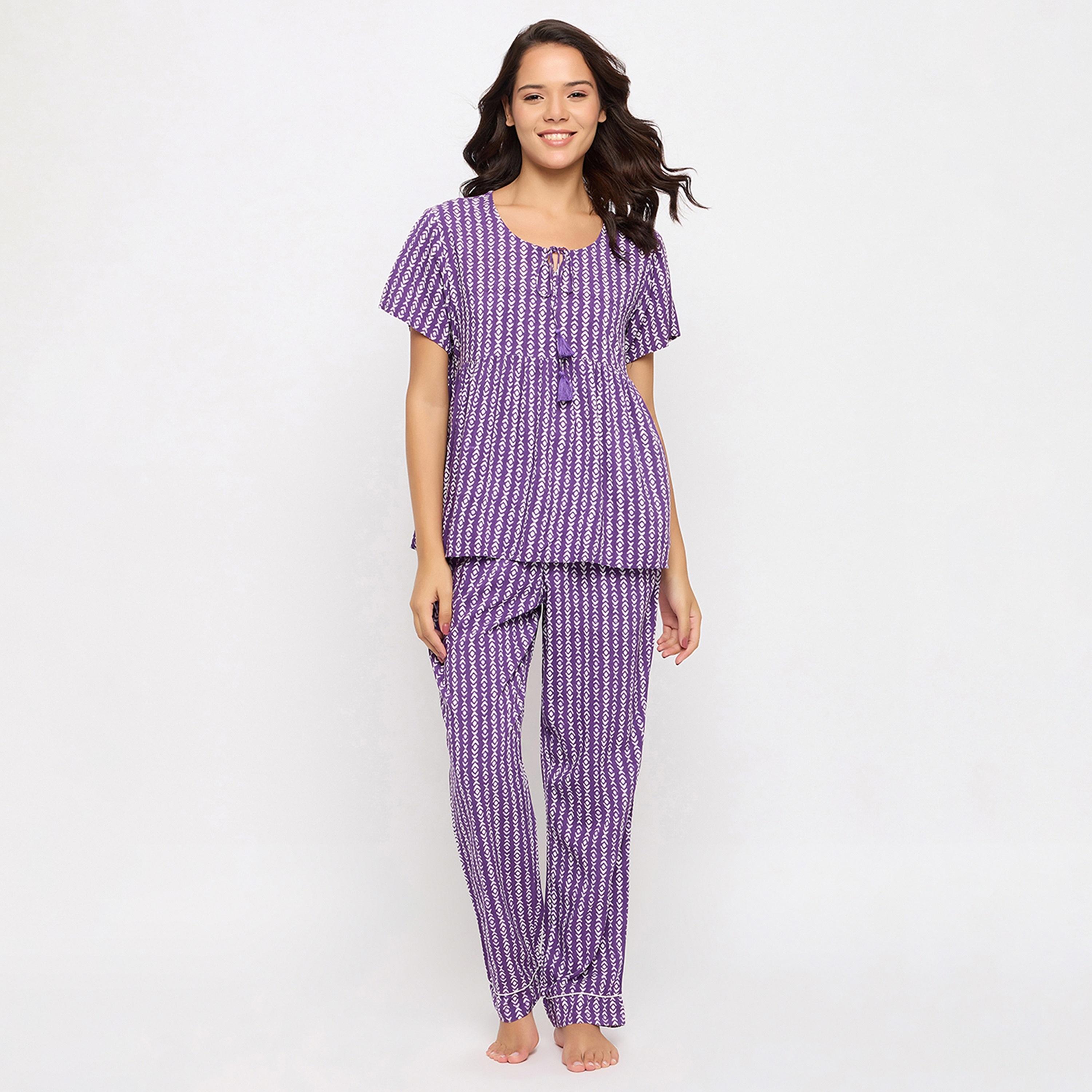 طقم بيجامة وقميص نسائي مطبوع باللون الأرجواني الداكن من كلوفيا - رايون-women-clothing-nightwear-pyjamas-longsets-image-1