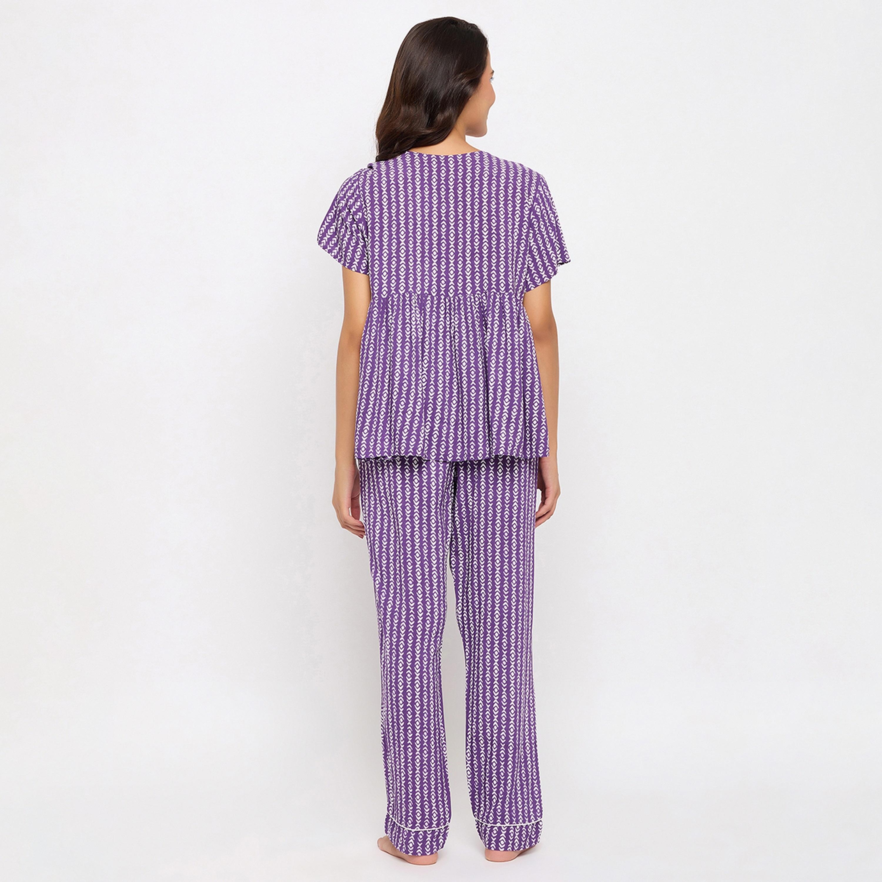 Clovia Printed Women's Top And Pyjama Set in Dark Purple - Rayon-women-clothing-nightwear-pyjamas-longsets-image-4