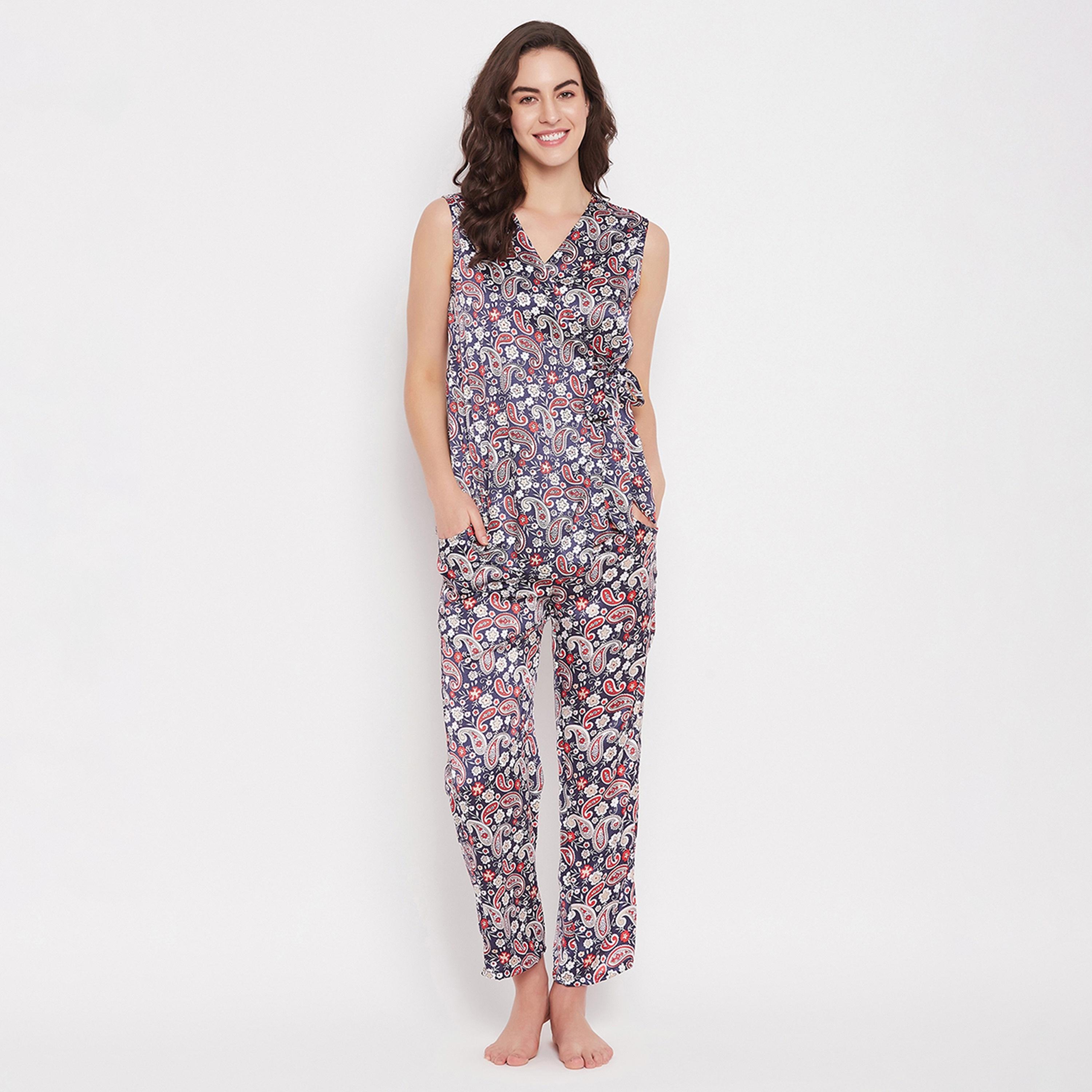 Clovia Paisley Print Angrakha Women's Top & Pyjama Set in Navy - Satin-women-clothing-nightwear-pyjamas-longsets-image-1