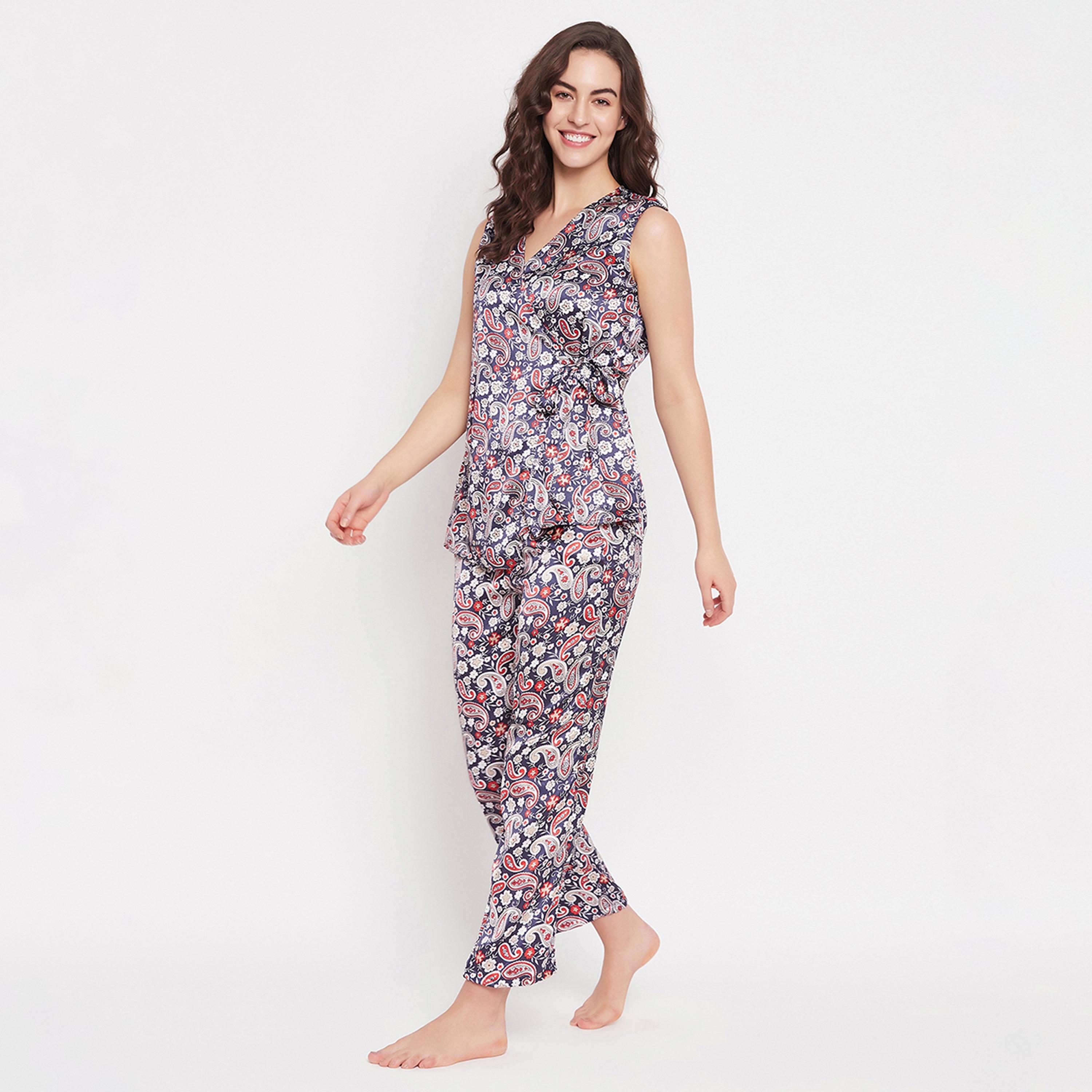 Clovia Paisley Print Angrakha Women's Top & Pyjama Set in Navy - Satin-women-clothing-nightwear-pyjamas-longsets-image-2