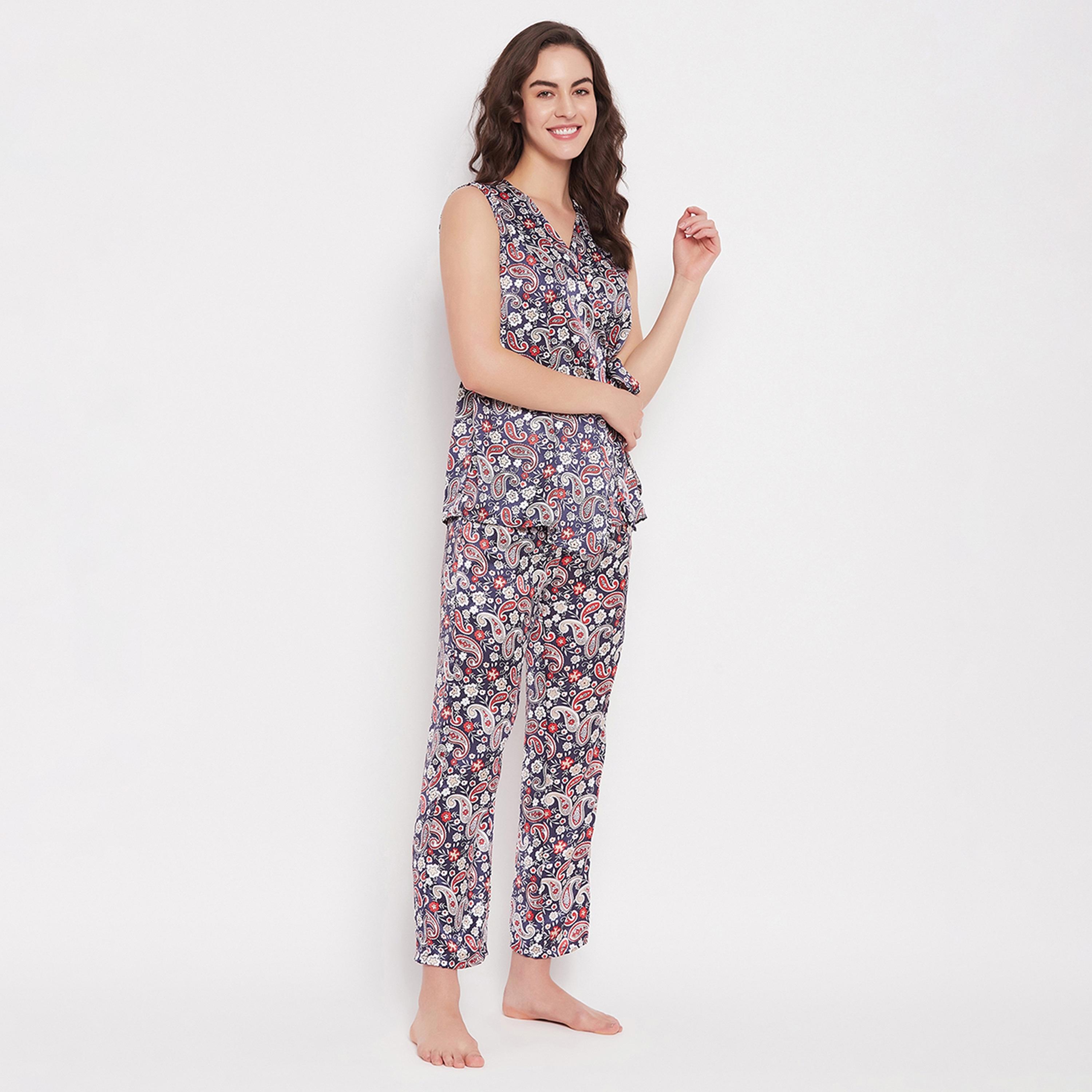 Clovia Paisley Print Angrakha Women's Top & Pyjama Set in Navy - Satin-women-clothing-nightwear-pyjamas-longsets-image-3