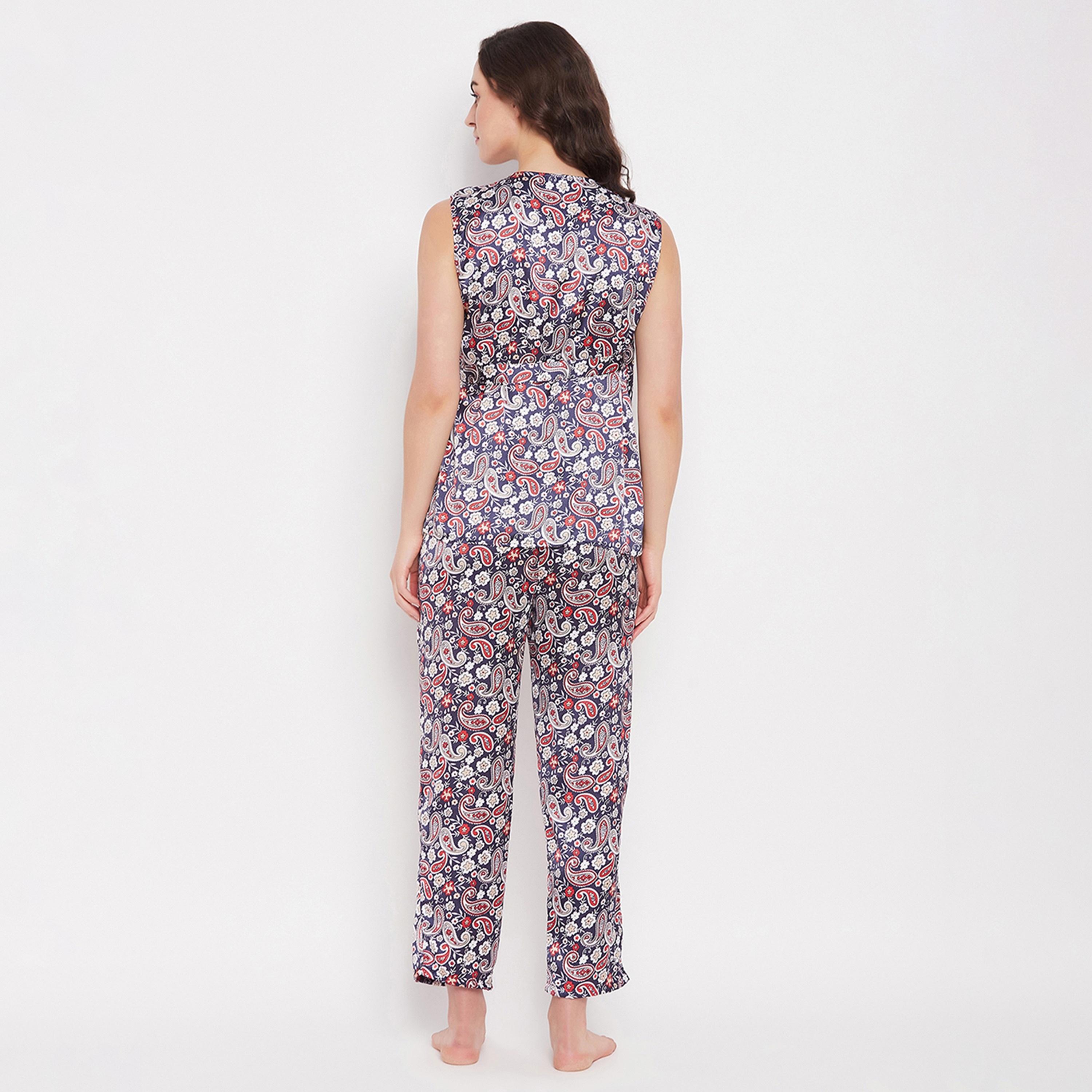 طقم بيجامة وقميص نسائي أنجراكا بطبعة بيزلي باللون الأزرق الداكن من كلوفيا - ساتان-women-clothing-nightwear-pyjamas-longsets-image-4