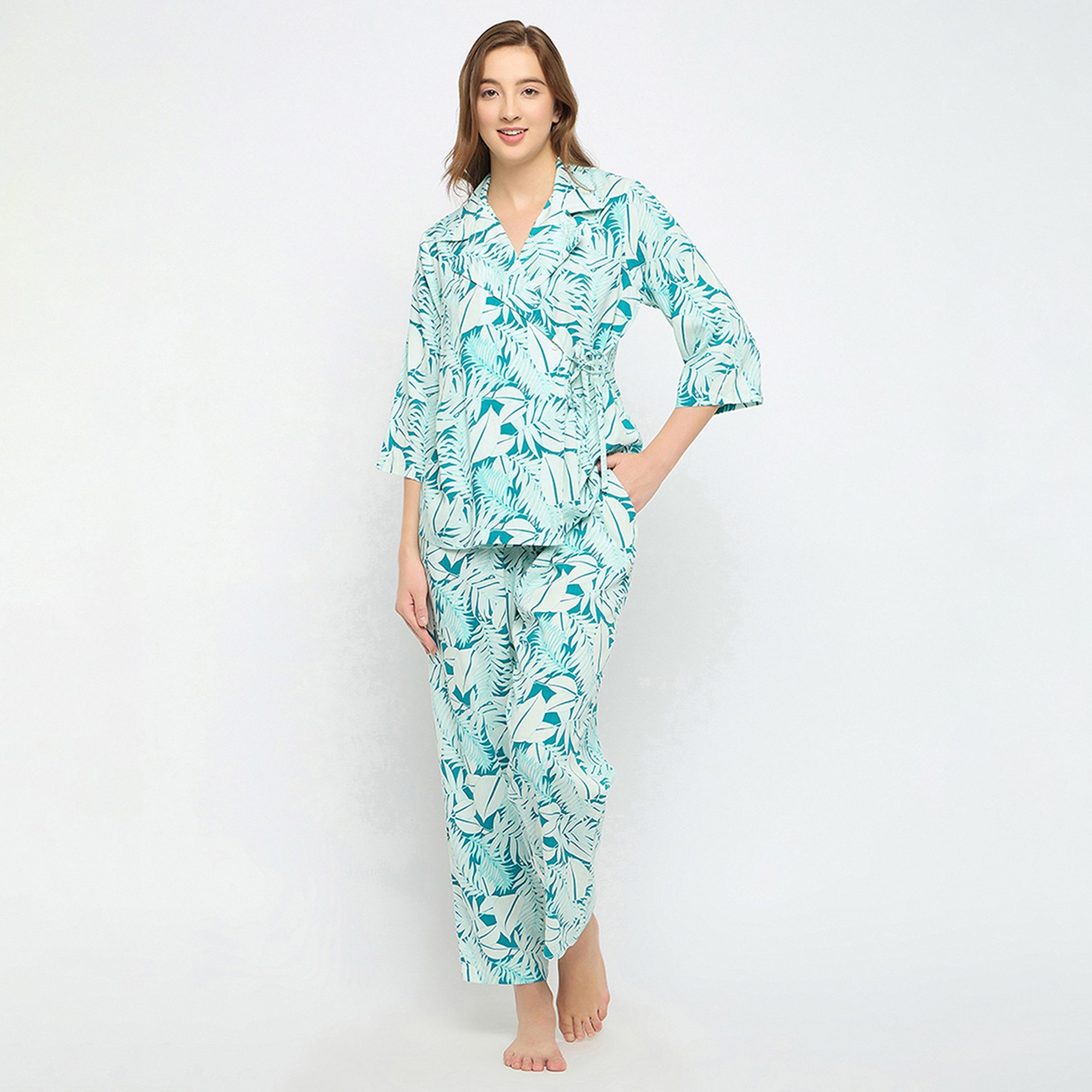 Clovia Leaf Print Women's Top & Pyjama Set in Light Blue - Rayon-women-clothing-nightwear-pyjamas-longsets-image-1