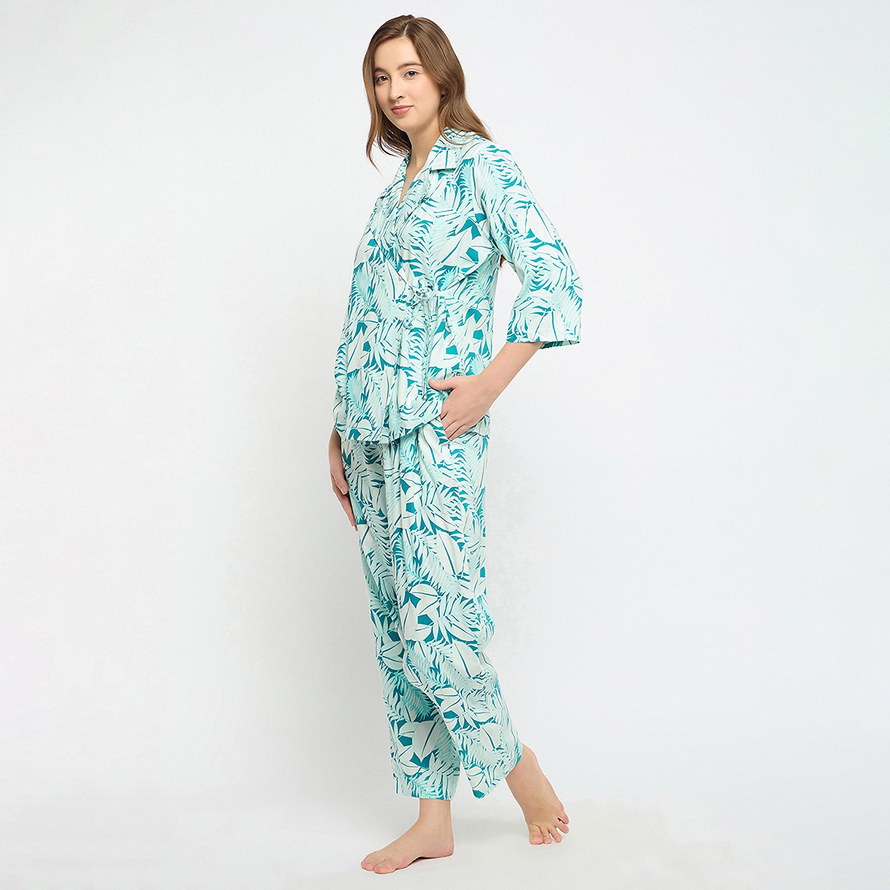 Clovia Leaf Print Women's Top & Pyjama Set in Light Blue - Rayon-women-clothing-nightwear-pyjamas-longsets-image-2